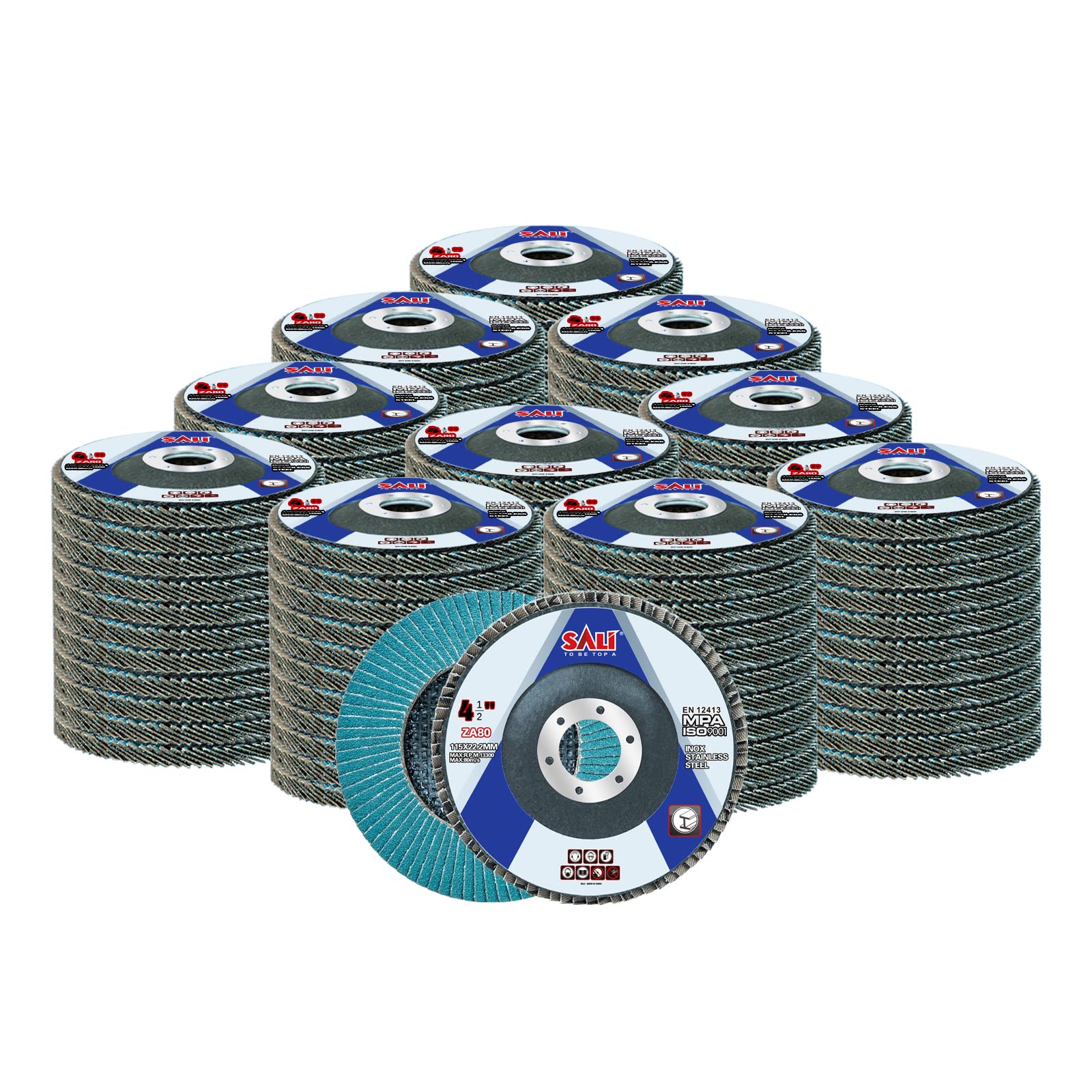 Sali 100 Pack Zirconia Flap Disc 80 Grit 4.5" x 7/8-Inch Sanding Disc Bevel Type #29 Premium and Industrial Grade Angle Grinder Grinding Wheel High