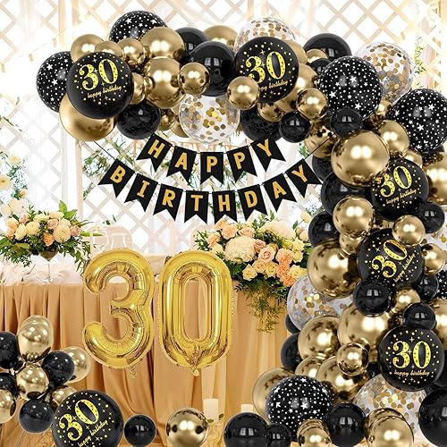 Miniatura 6 de Juego de globos de decoración de fiesta de oro negro número 30 de 40 pulgadas, globos gigantes dorados con pancarta de cumpleaños, guirnalda de arco