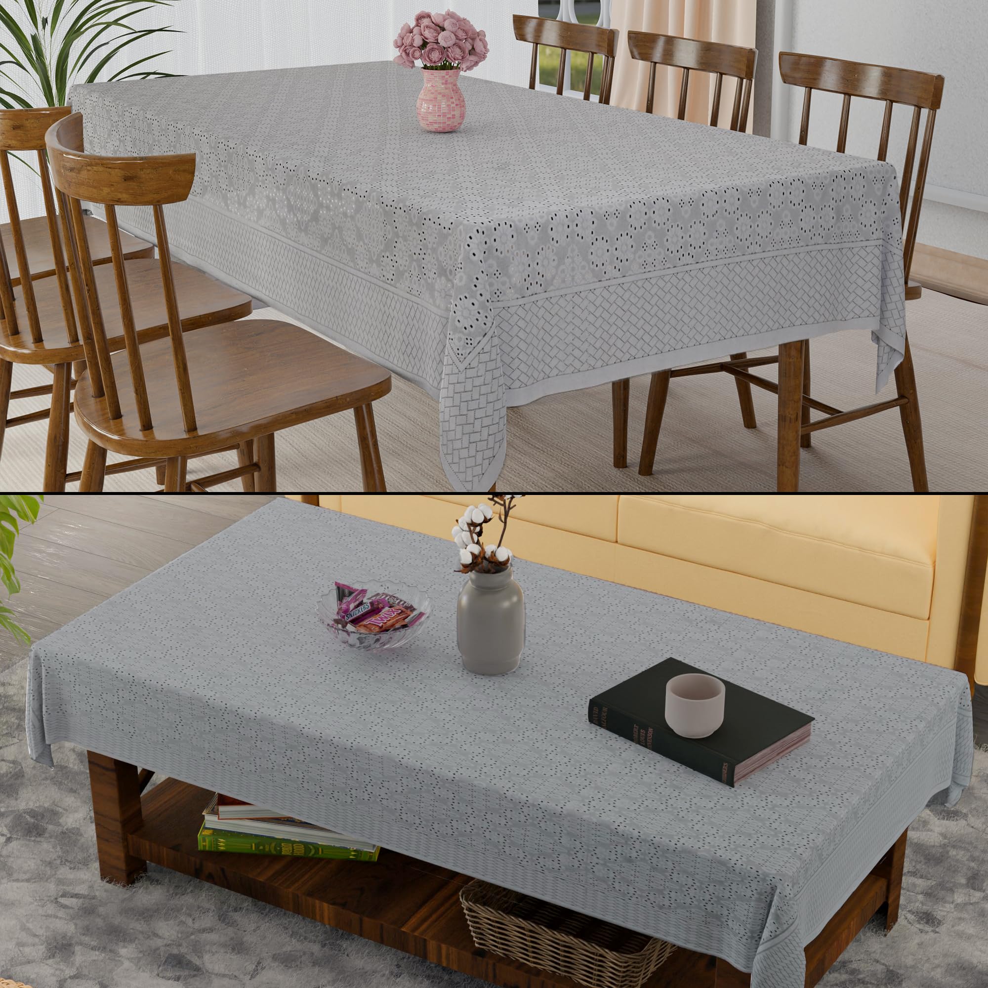 Kuber Industries 2 Pcs Themed Combo Set – 6 Seater Dining Table Cover & 4 Seater Center Table Cover | Same Design Pair of Teapoy Table Cloth & Dinner Table Sheet | Self Boring Design- Grey