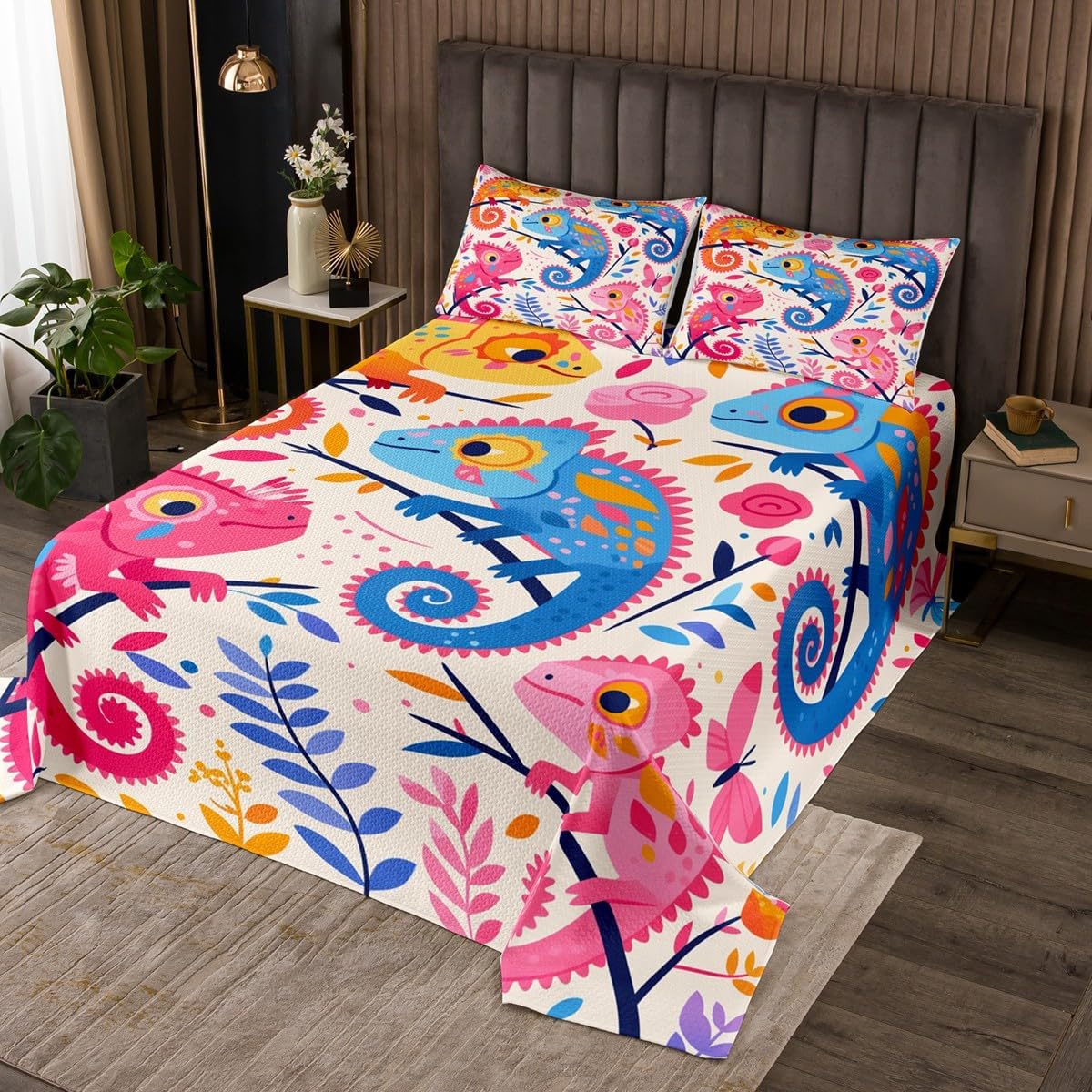 Erosebridal Lizards King Bedspread Set,Kawaii Cartoon Lizard Bedding Sets for Kids Boys Girls,Blue Pink Reptile Animals Bed Set,Tropical Botanical Flowers Leaves Coverlet Set Room Decor