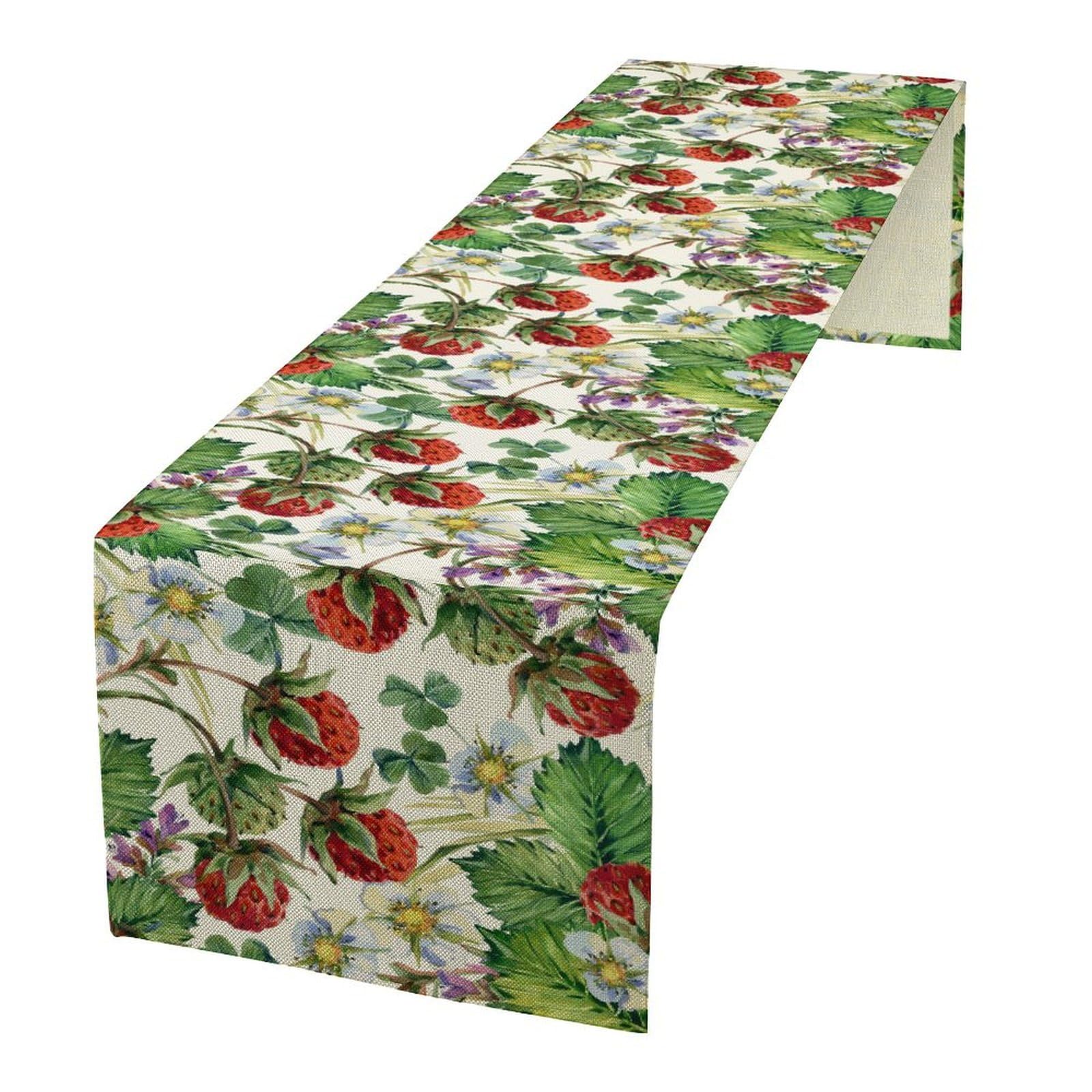 Summer Strawberry Fruit Table Runner, Colorful Botanical Fruit Floral Vintage Rustic Farmhouse Spring Holiday Pattern for Home Table Decor Kitchen