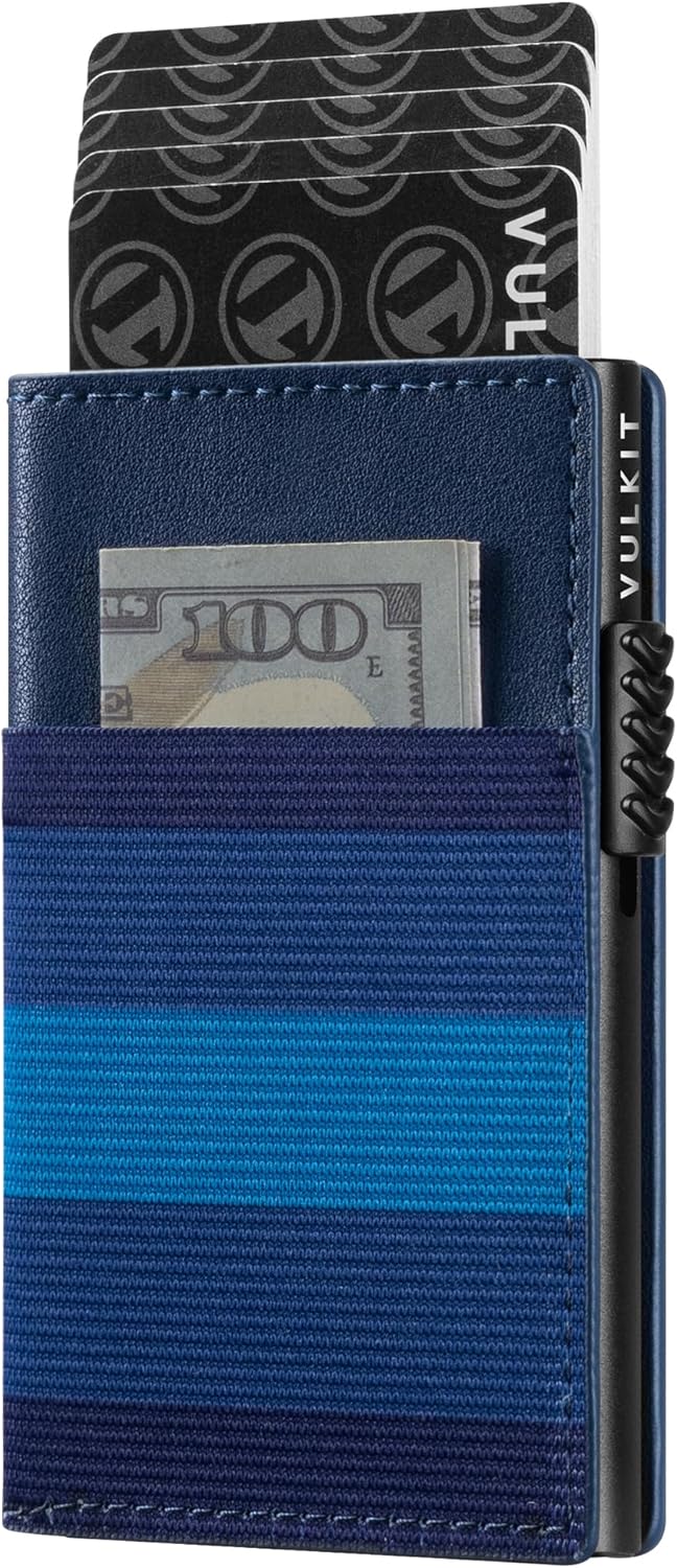 VULKIT Card Holder for Women Slim Card Wallet Minimalist Bifold Credit Card Holder RFID Blocking Pop Up Metal Card Case Magnetic Closure, Stripe Blue