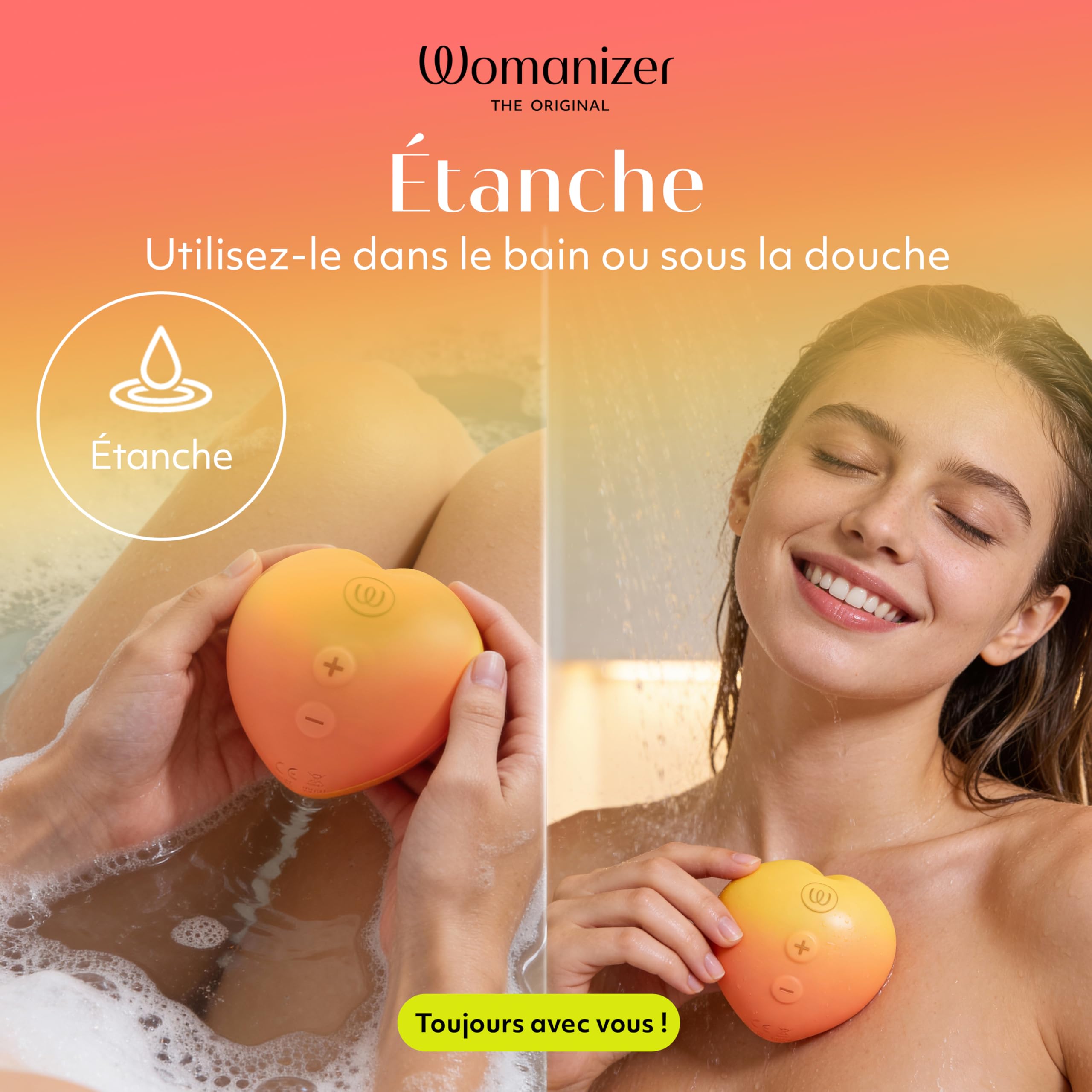 Womanizer Peach Stimulateur Clitoridien | Vibromasseur à Ondes de Pression Air Pulse | 14 niveaux | Rechargeable USB | étanche IPX7 | Avec câble de charge et support | Design Pêche | Autonomie 60 min