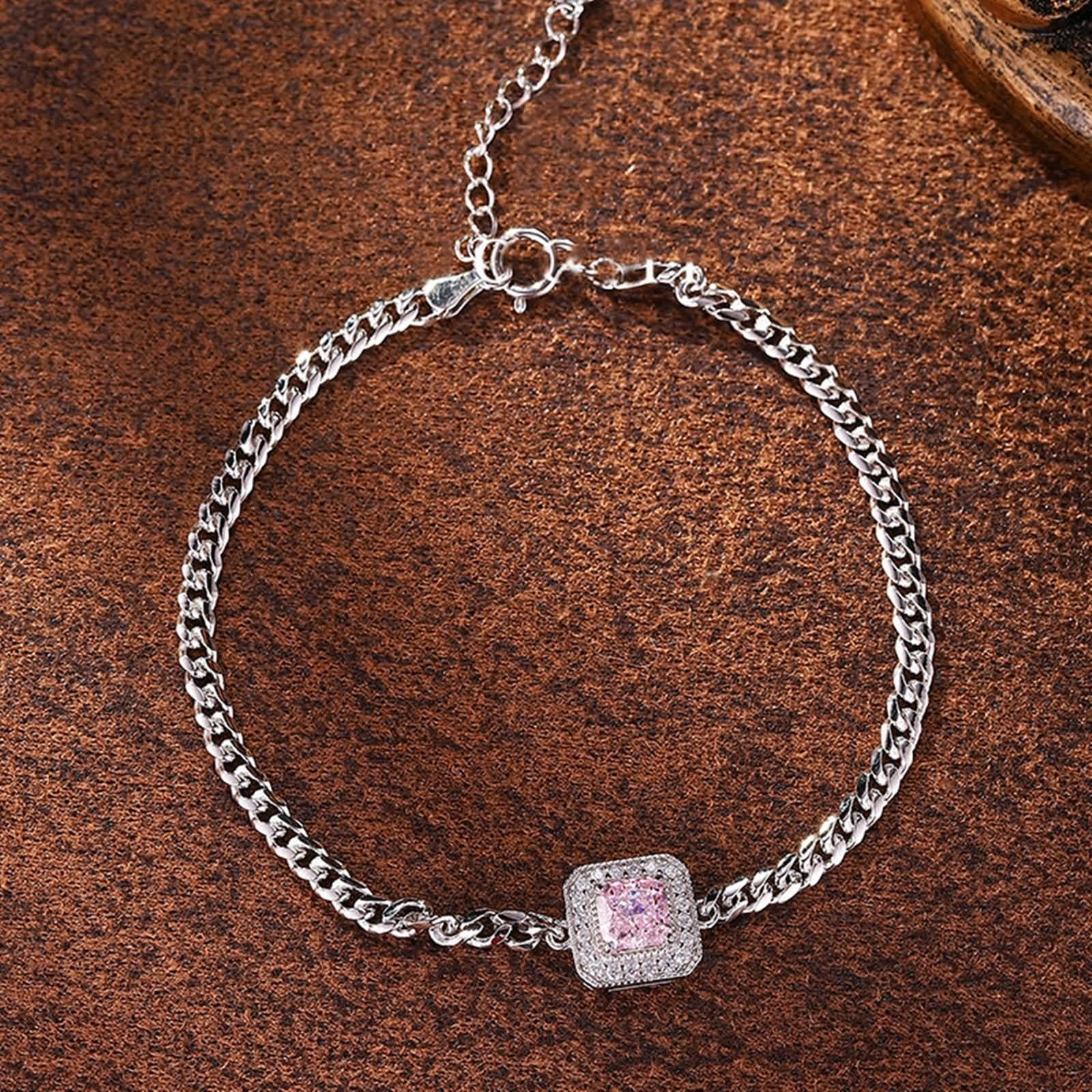 Pulseras de Mujer Oro Blanco 9K / 14K / 18K, Cuadrado con Diamante Creado de 0,5 ct y Moissanita, Cadena Extensible 16 CM + 5 CM, Pulsera de Ajustable Mujer Plata Rosa