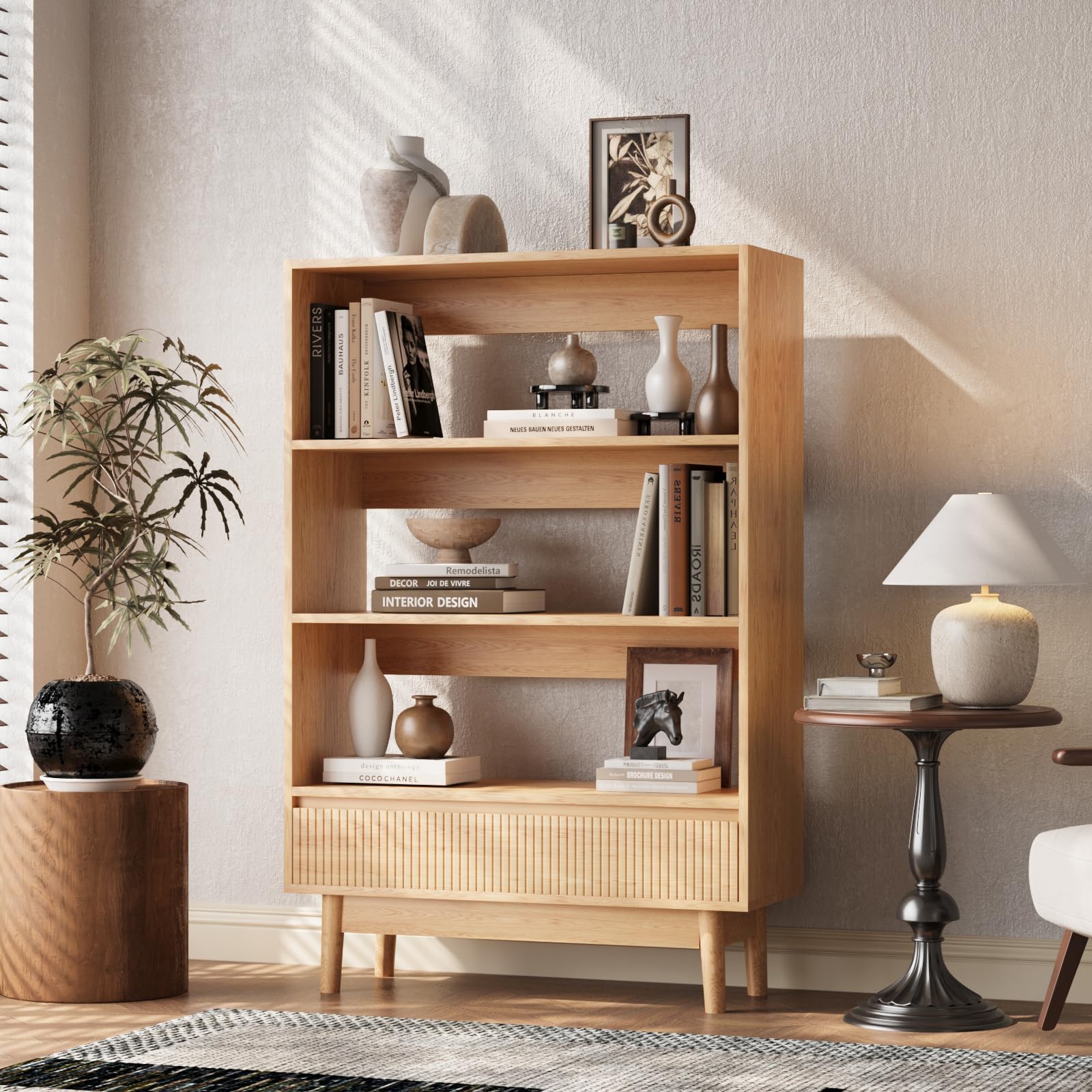 VOWNER 3-Ebenen Bücherregal mit Schublade, Offenes Standregal, Holzregal Modern, Vielseitiges Aufbewahrungsregal, für Büro, Wohnzimmer, Schlafzimmer, Küche, 80x120x30 cm, Holzfarbe (1)