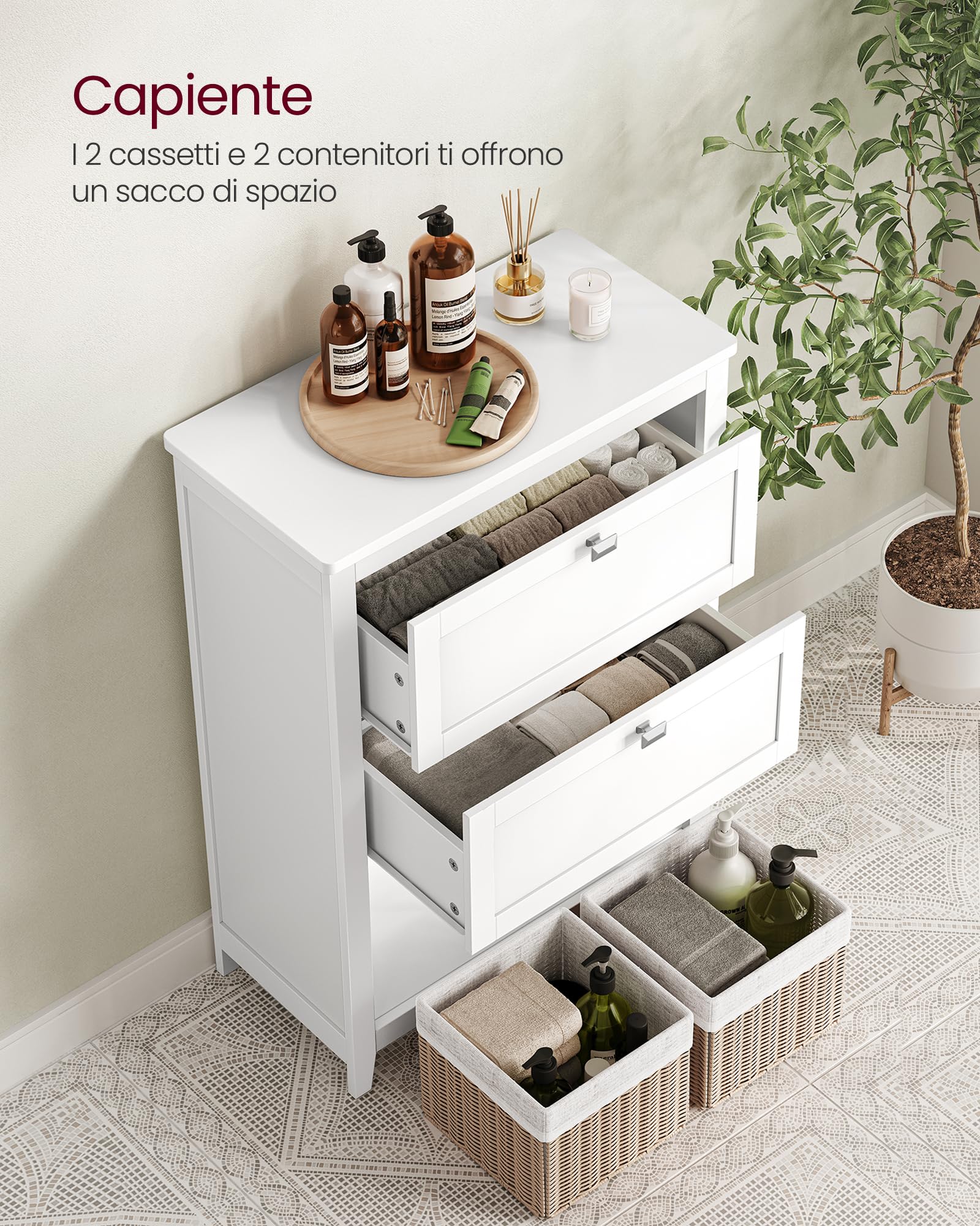 VASAGLE Mobile da Bagno, Mobiletto da Bagno, 2 Cassetti con 1 Set di Divisori Regolabili, 2 Cestini, Credenza, 30 x 60 x 80 cm, Bianco Nuvola BBC545W02