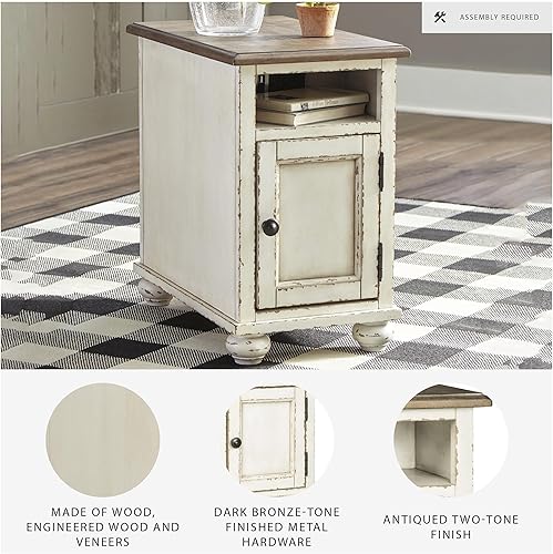 Miniatura 12 de Signature Design by Ashley Realyn Farmhouse - Mesa auxiliar con gabinete para almacenamiento, color blanco antiguo y marrón