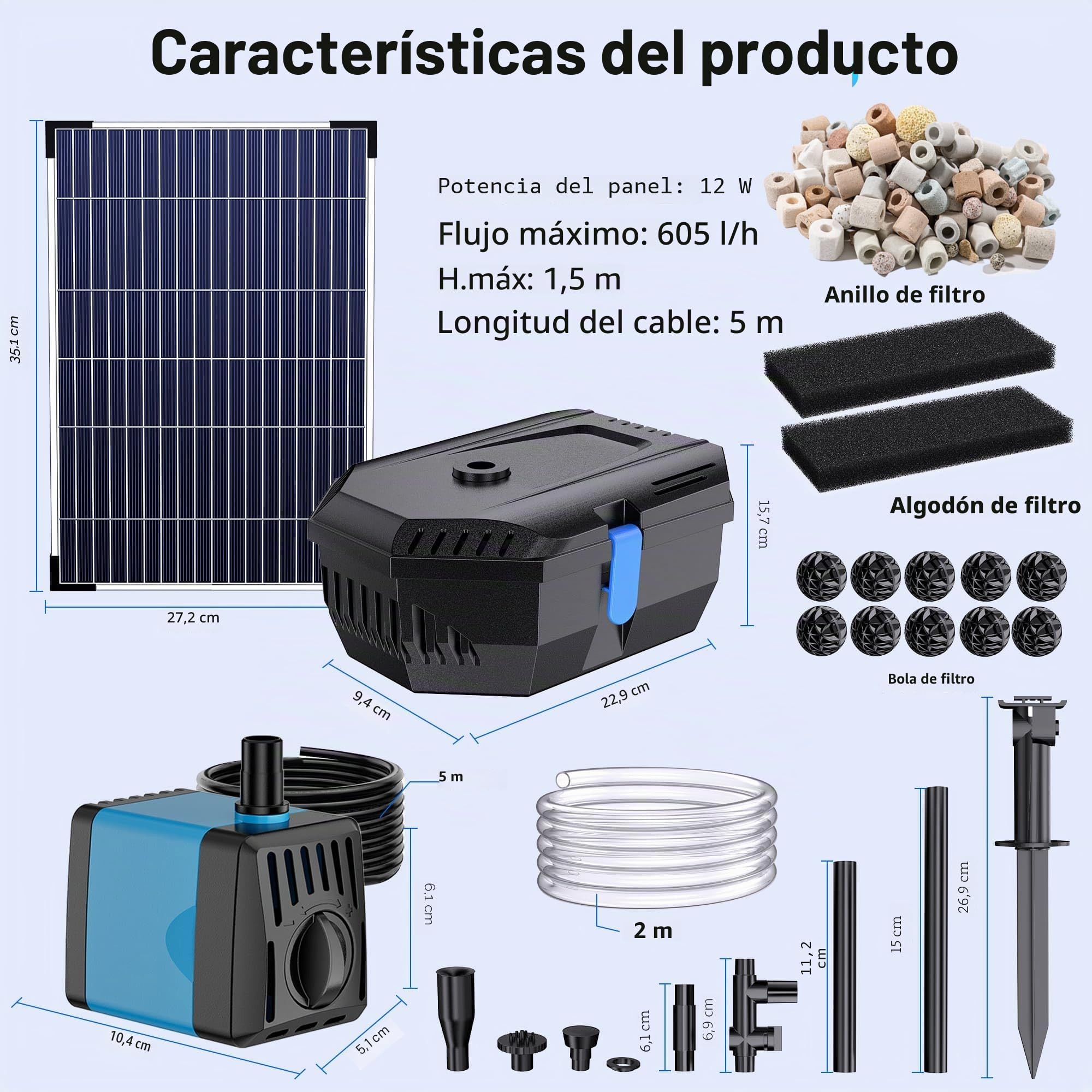 Biling 12W Filtro solar para estanque con 4 boquillas - Bomba solar para estanque con filtro biológico para estanques de hasta 800L - Fuente solar inalámbrica para jardín, balcón, estanque pequeño