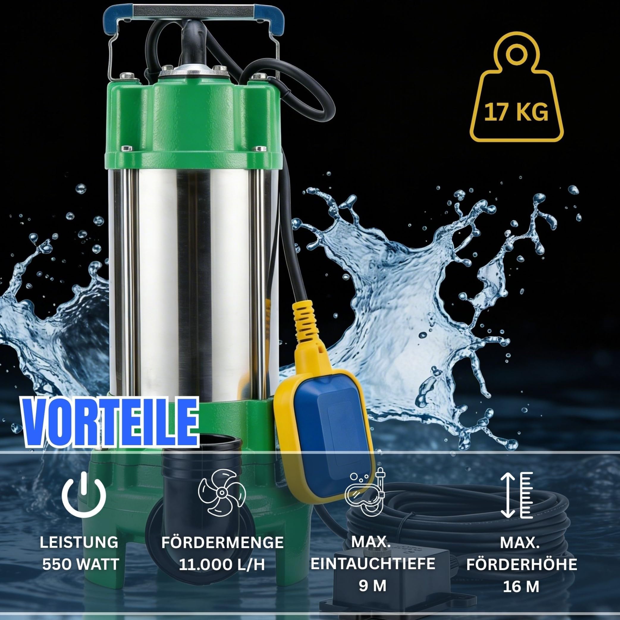 Pompe professionnelle pour eaux usées V550 11000 l/h (pompe à matières fécales professionnelle sans tuyau en C de 2")