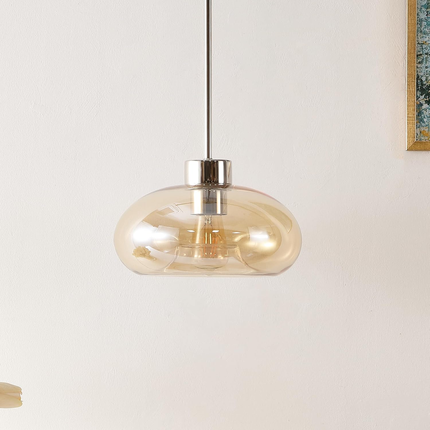 SAFAVIEH Lighting Collection Jorie Amber/Nickel Adjustable Pendant Hanging Light Fixture, Ideal for Dining Room, Kitchen Island, Entryway (LED Bulb Included)