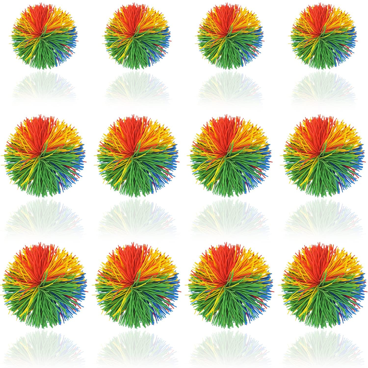 12 Pack Monkey Stringy Sensory Fidget Balls - Latex-Free Silicone Stress Relief Toys in 3 Sizes with Rainbow Pom