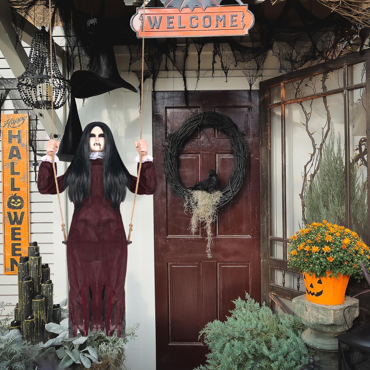 PartyGears Decorazioni di Halloween da appendere a forma di ragazza oscillante con espressioni raccapriccianti, fantasmi da appendere, le migliori decorazioni per interni ed esterni per Halloween