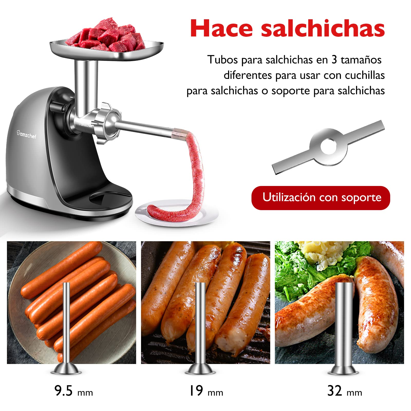 AMZCHEF Accesorios para picadora de carne para extractores de zumo - Accesorios para ZM1501 y GM3001-3 tubos para rellenar salchichas, 3 cuchillas de rectificado, 4 placas de molienda - sin maquina
