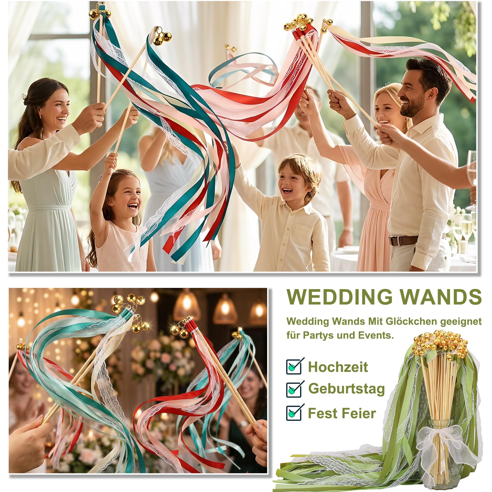 Bacchette per matrimoni, 50 bacchette con 100 campane grandi e 150 nastri per matrimoni, bacchette di seta, per matrimoni, compleanni, feste, vacanze
