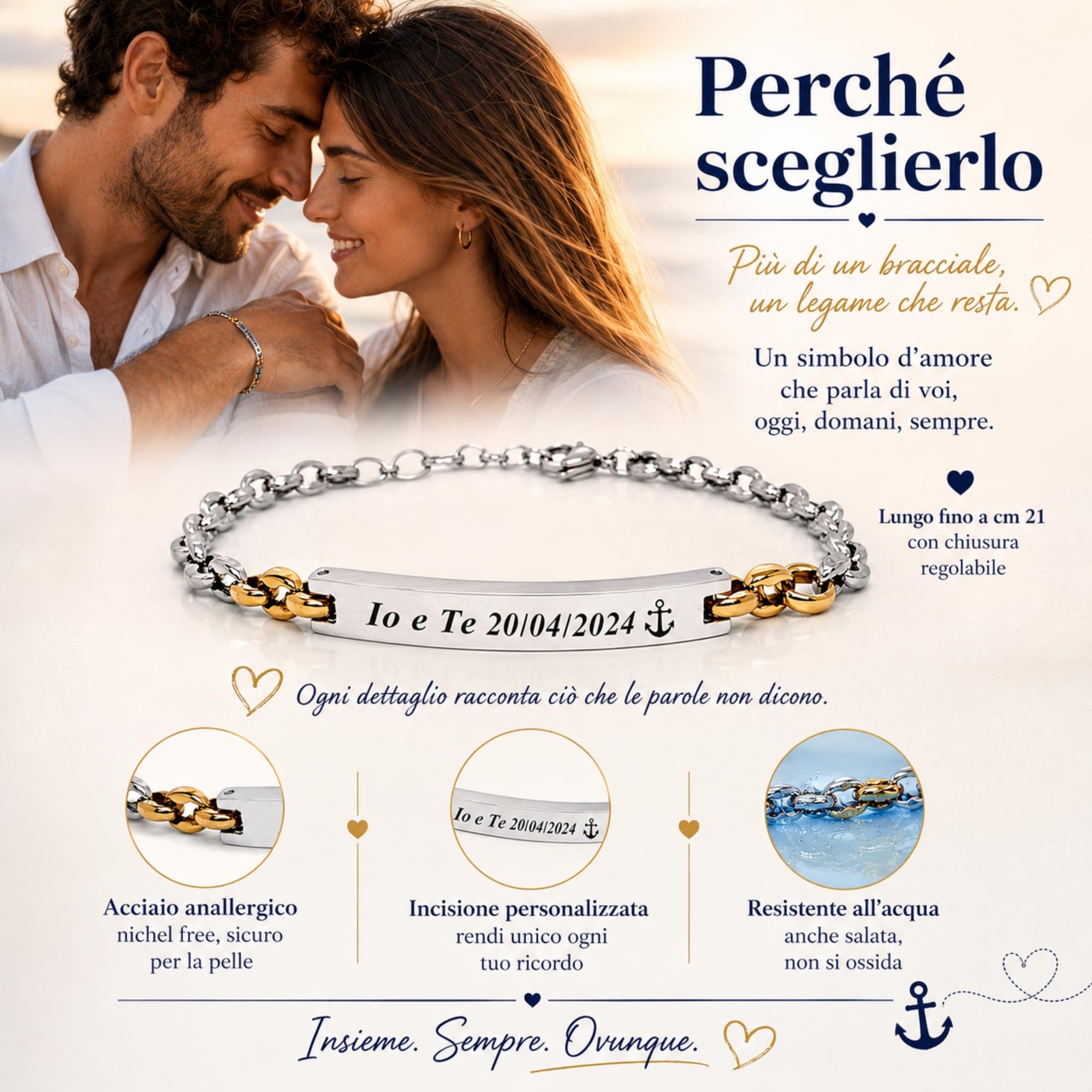 Bracciale Uomo Personalizzato in Acciaio Inox Maglia Marina con Incisione | Braccialetto Maschile Elegante Regolabile | Gioiello Personalizzabile Idea Regalo per Lui bcc3113