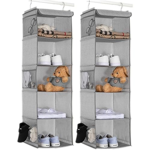 BrilliantJo 5 Shelves Hanging Closet Organizer, 2 Pack Hanging Storage with 6 Side Pockets for Clothes Bags, 43"x12"x12"(Light Gray)
