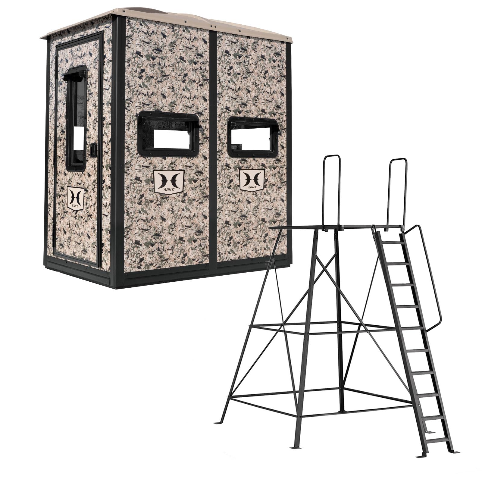 Hawk Double Hunting 4' W x 6' D x 6.5' T Assembled Camo Concealing Insulated Steel Box Blind Floor with Rubber Pad and Multiple One-Hand-Operable