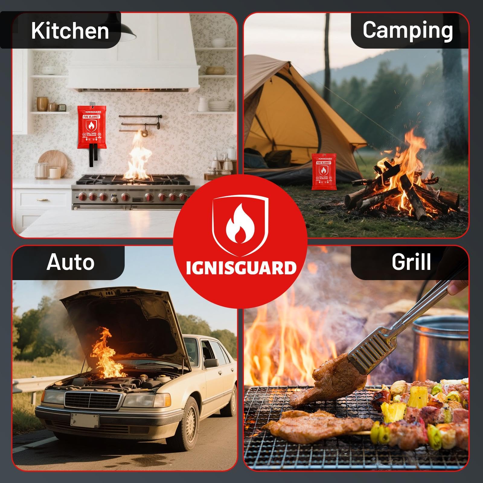 Manta de emergencia para el hogar y la cocina, 40 x 40 pulgadas, manta de fibra de vidrio para el hogar, barbacoa, barbacoa, camping, coche, oficina, almacén, picnic, chimenea, seguridad de