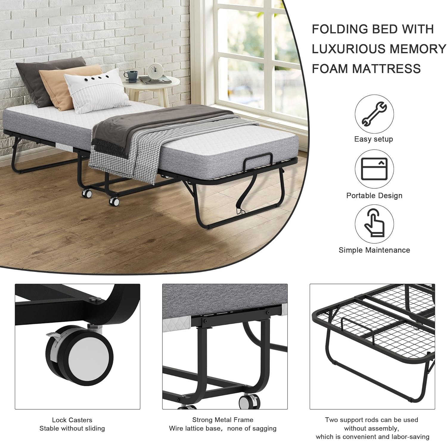 Full Size 75"x38" Folding Bed with Mattress for Adult - Extra Large and Extra Wide Folding Bed for Comfortable Sleep in a Spacious Space (75"×38")