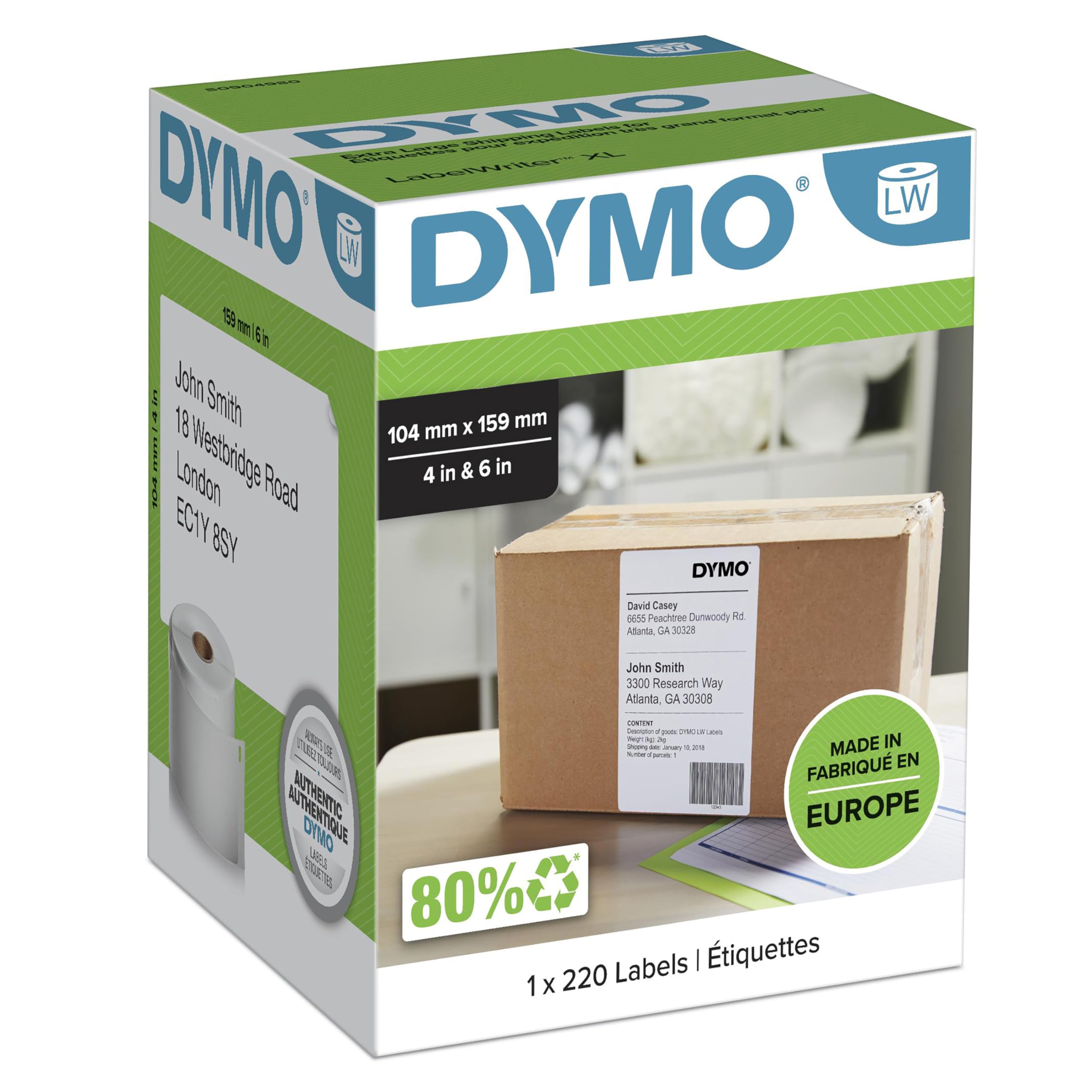 DYMO LW etiquetas auténticas extragrandes de envío para la rotuladora LabelWriter 5XL/4XL | 104 mm x 159 mm | rollo de 220 | impresión negra sobre fondo blanco