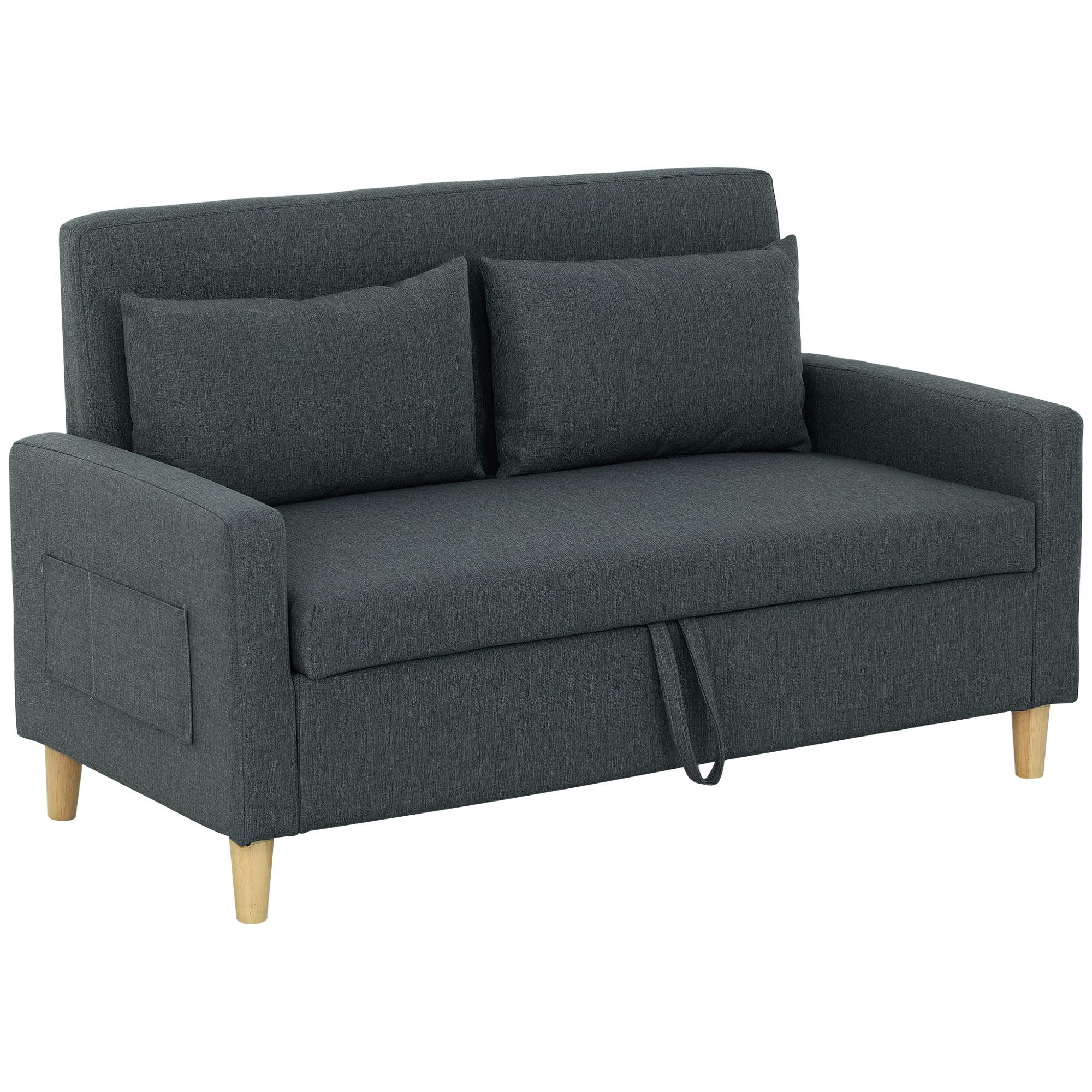 HOMCOM Divano 2 Posti in Tessuto con Braccioli e 2 Cuscini Rimovibili, Divanetto 2 Posti Moderno con Spazio Portaoggetti, Tasche Laterali e Gambe in Legno per Soggiorno e Salotto, 135x72x84cm, Grigio