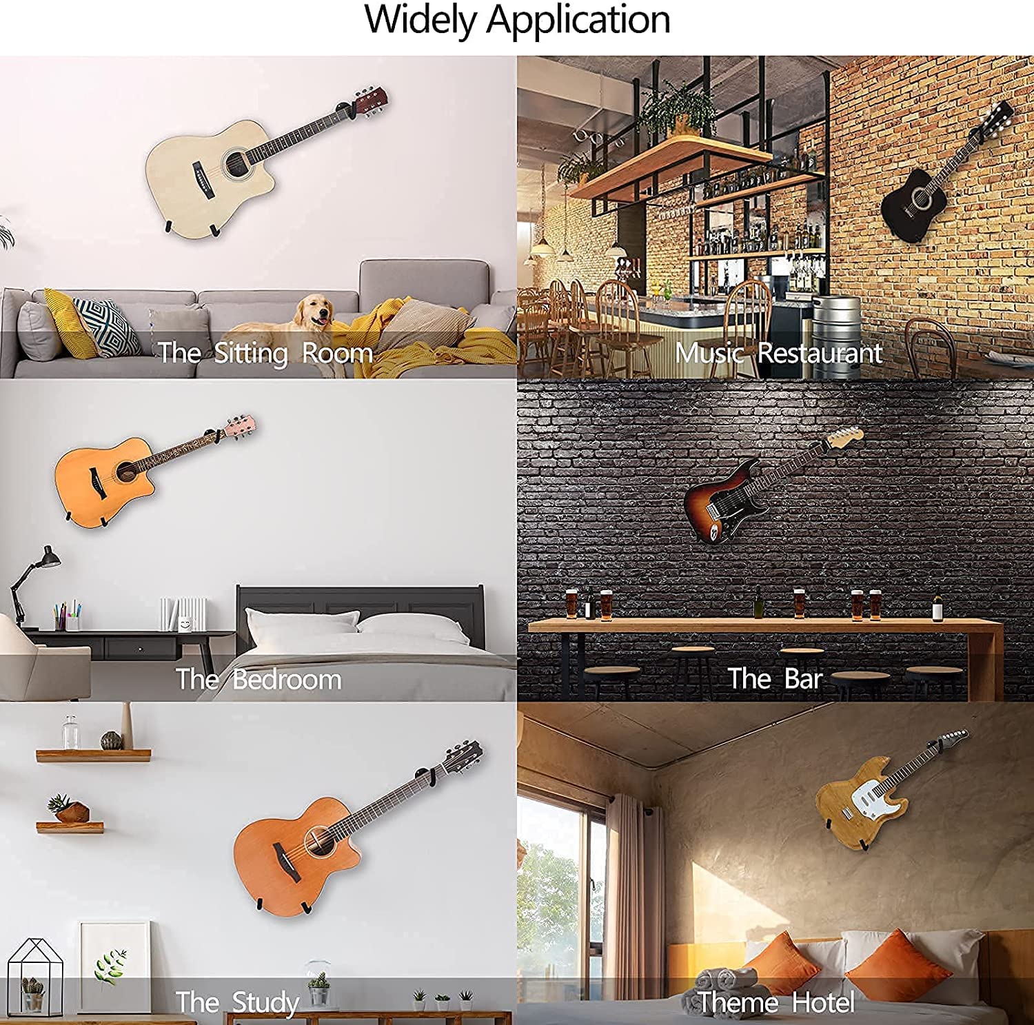 Support Mural de Guitare Horizontal, Crochet De Cintre De Guitare, Lot de 2 Support Mural Horizontal pour Guitare Acoustique Classique ou électrique, Ukulélé, Banjo (Noir (Lot de 2))