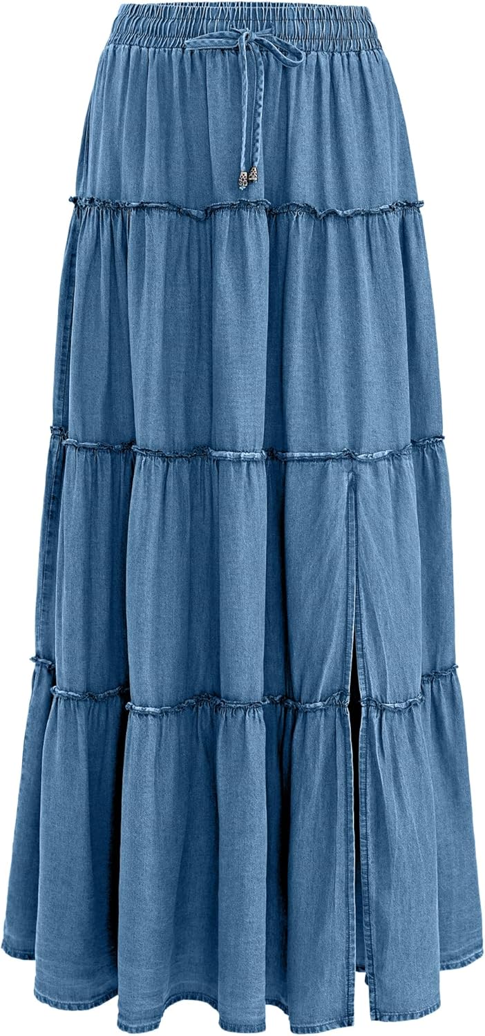OXP Women's Denim Tiered Maxi Skirt High Waisted Flowy Ruffle Long Skirt for Casual, Vacation Daily Wear