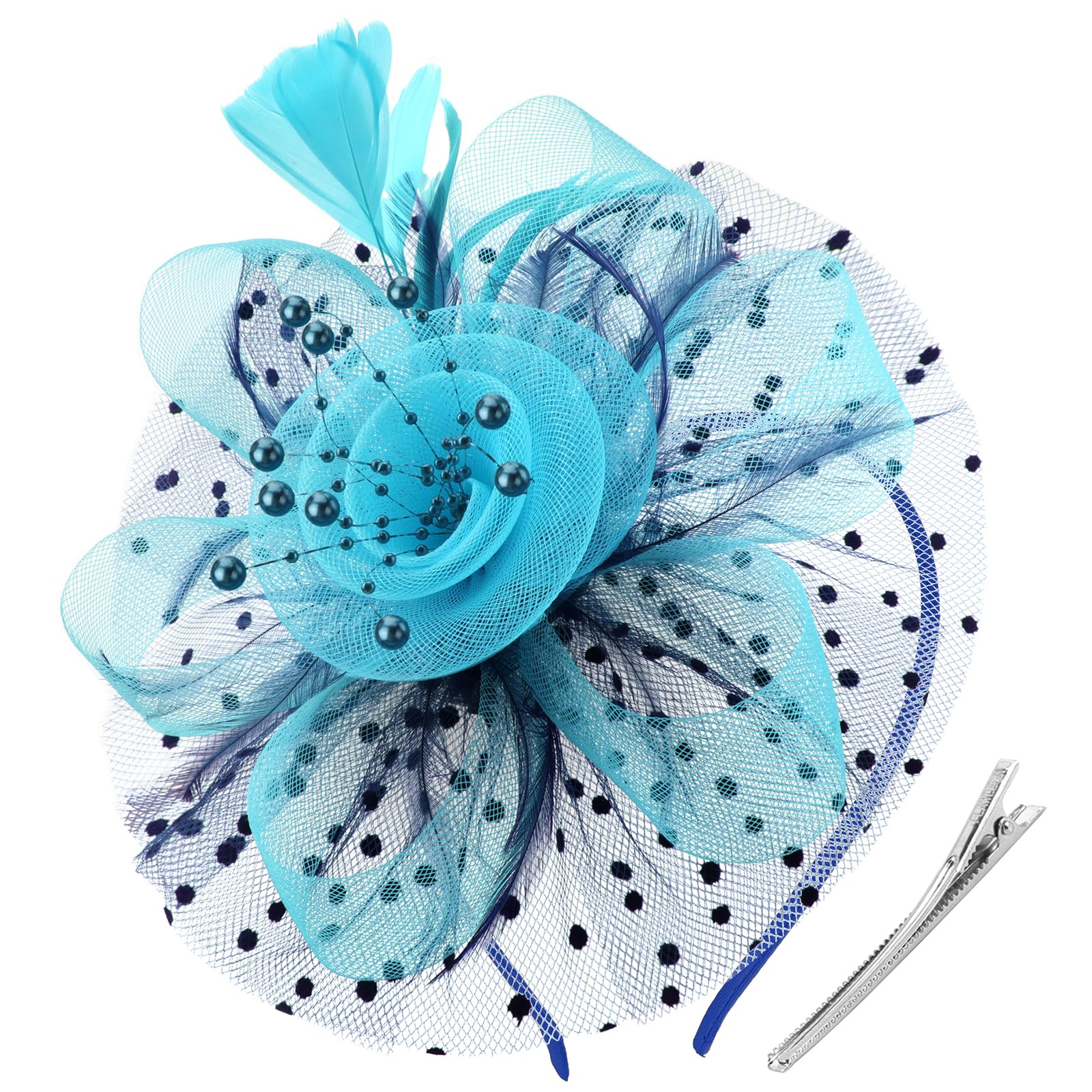 DRESHOW Fascinators Hat Flower Mesh Ribbons Feathers on a Headband and a Clip Tea Party Headwear for Girls and Women