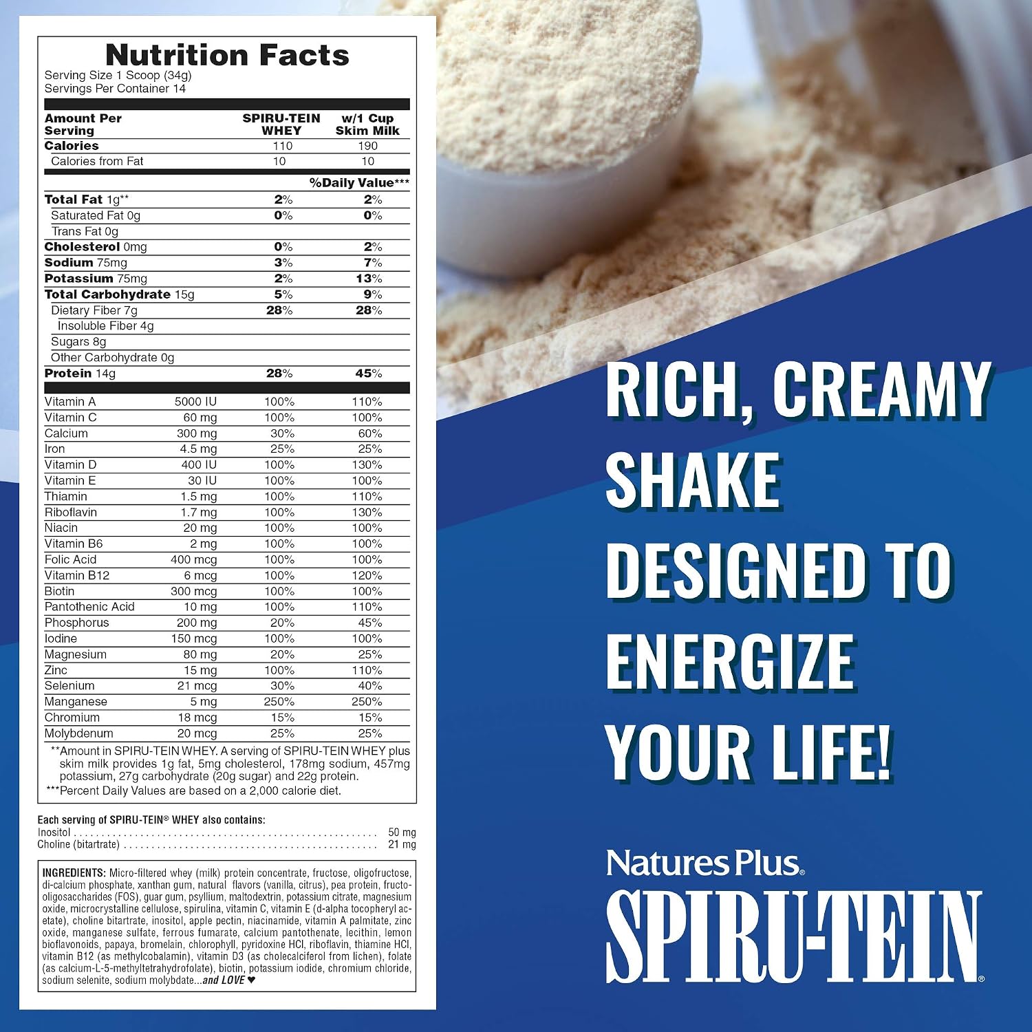 NaturesPlus SPIRU-TEIN Whey Shake - Vanilla - 1.05 lbs, Whey Protein Powder - Meal Replacement - Spirulina, Vitamins & Minerals for Energy - Vegetarian - 14 Servings