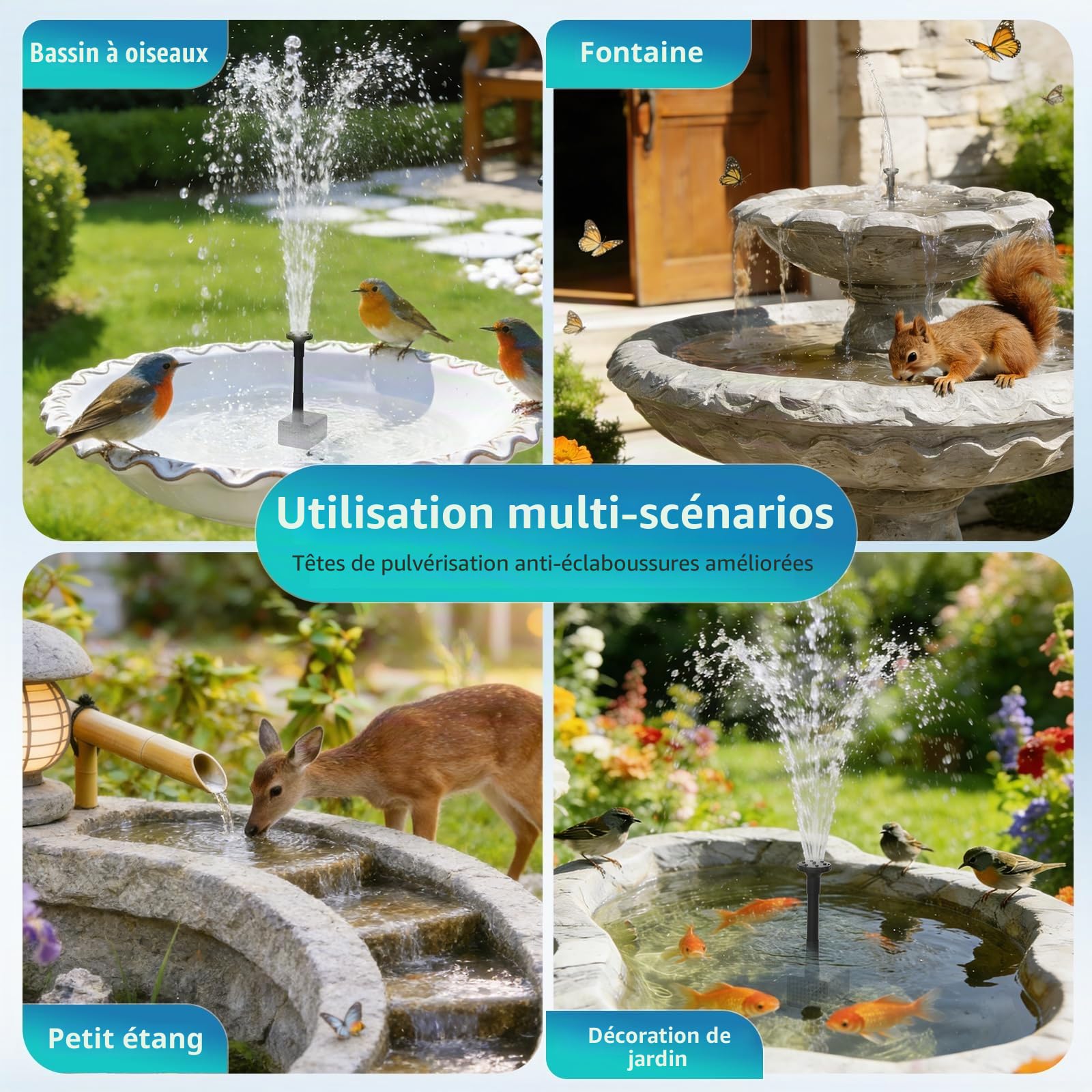 Pompe à Eau Solaire avec Batterie de Secours, 4 W, Batterie 2000 mAh intégrée, câble 3 m, 5 Modes de pulvérisation, Tube PVC 1,2 m, Fontaine Bassin, Bain d'oiseau, aménagement Aquatique Jardin