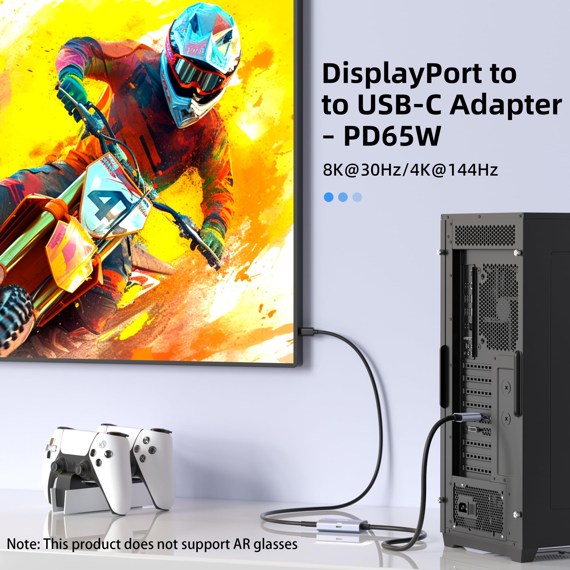 Adapter DisplayPort 8K przy 30 Hz / 4K przy 144 Hz na USB-C z ładowaniem PD 65 W, grafitowy kabel Display Port męski na typ C żeński do monitora USBC, kompatybilny z MacBook Pro/Air, iMac
