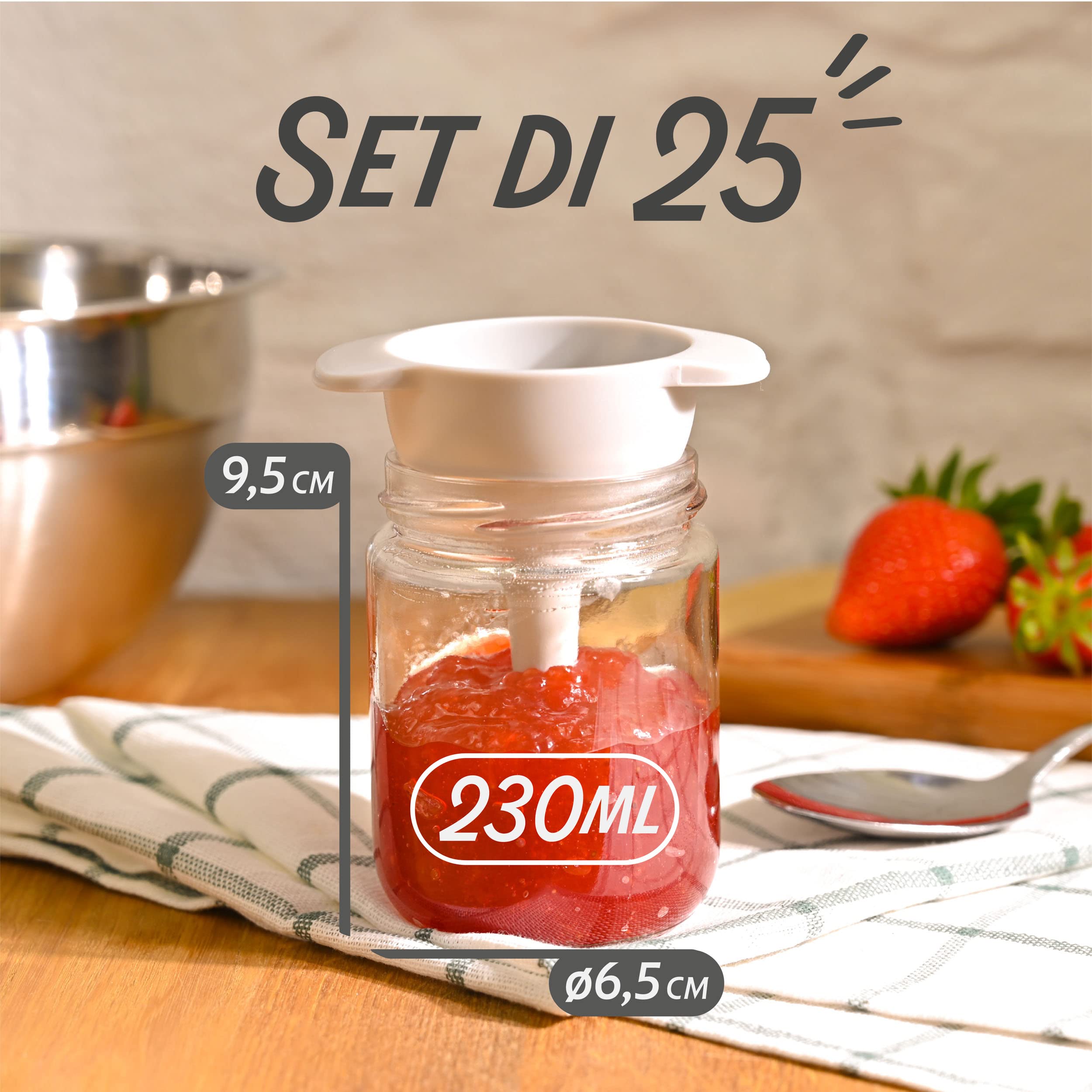 Praknu 25 Vasetti di Vetro per Conserve da 230ml - Con Etichette e Pennarello - Ermetici - Lavabili in Lavastoviglie - Ideali da Regalare