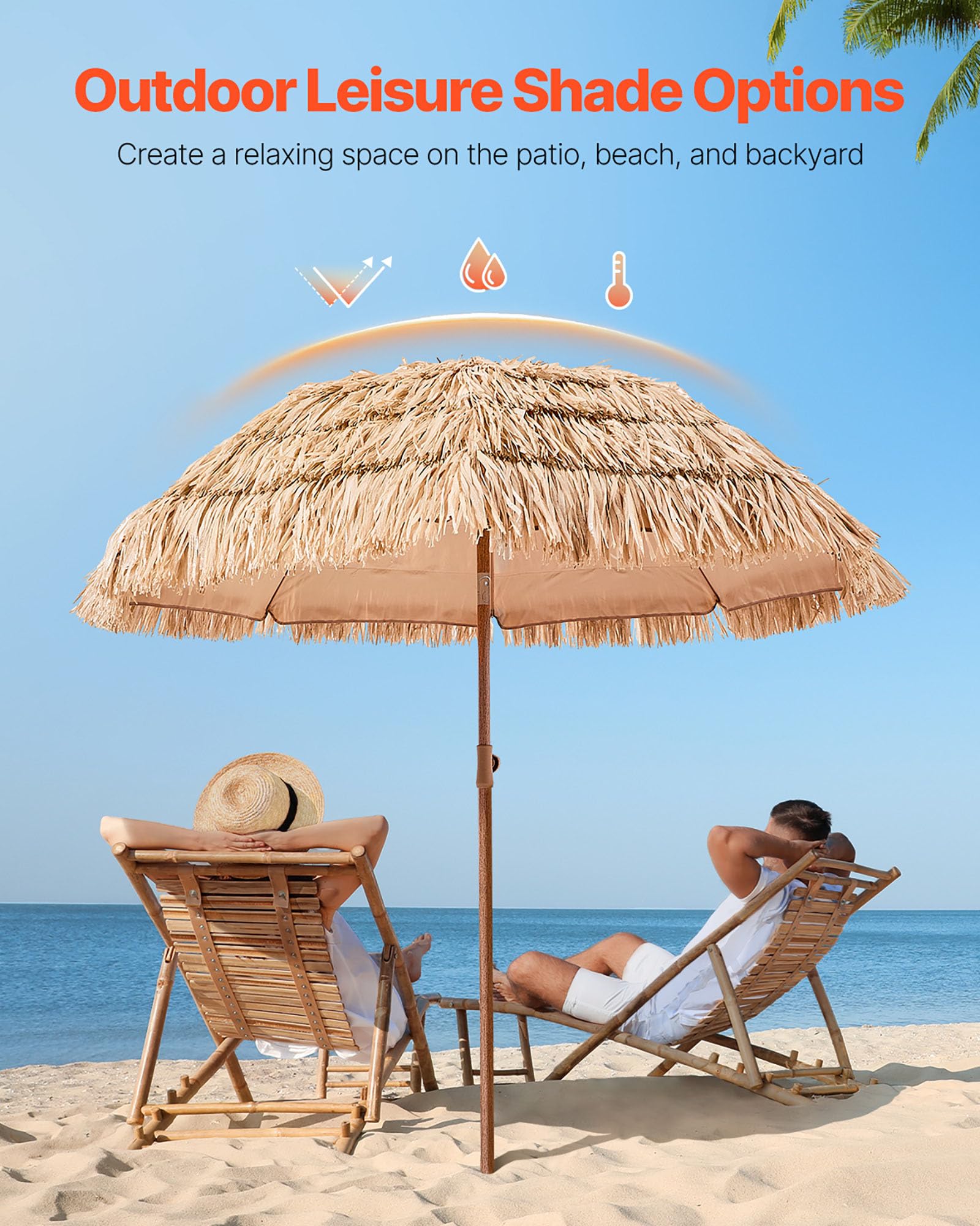 VEVOR Ombrello in paglia Hawaii, 2 m, inclinabile, ombrellone da spiaggia con paglia PP e 8 barre in metallo, ombrellone da giardino, ombrellone da mercato, ombrellone da terrazza, bordo piscina