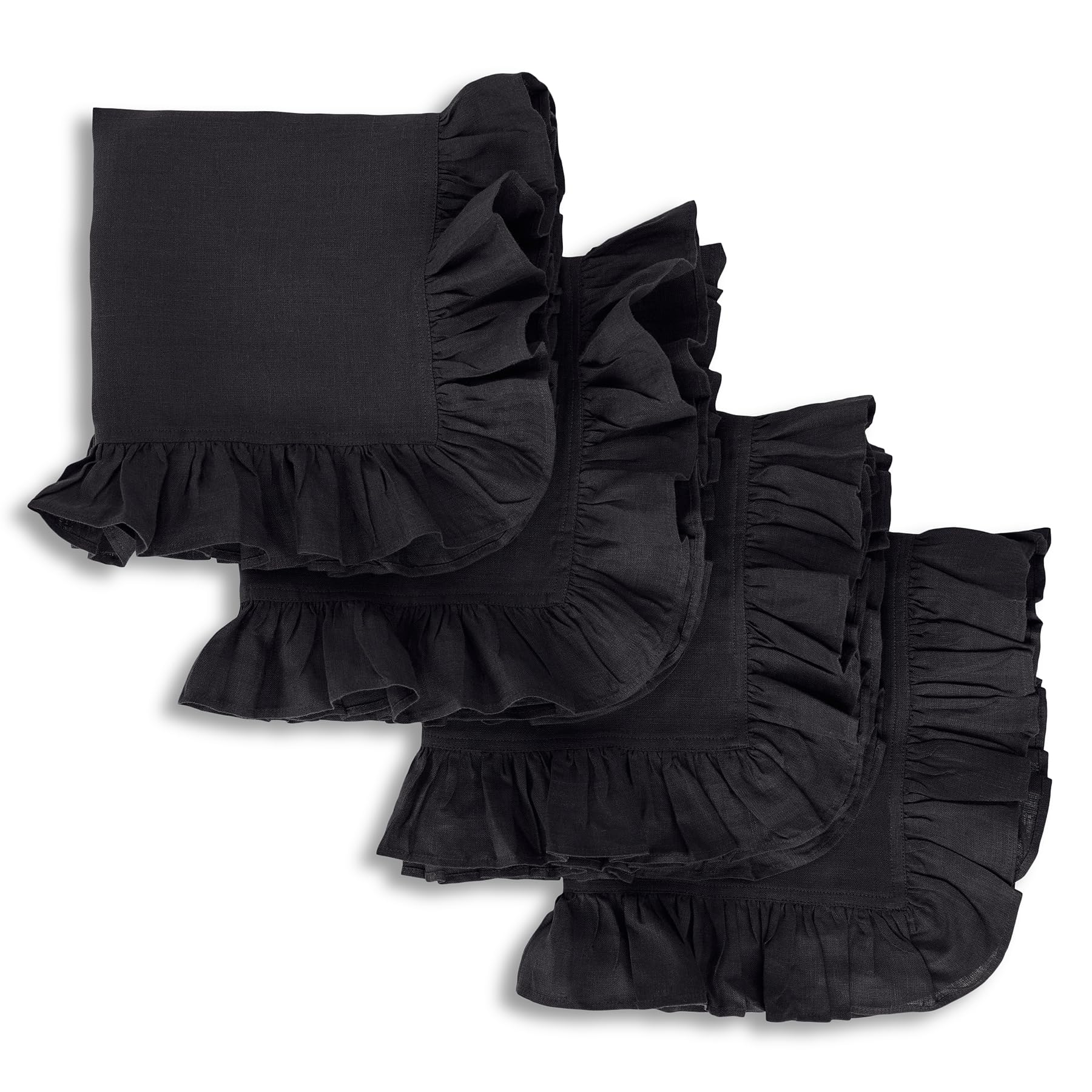 Solino Home Linen Ruffle Cloth Napkins Set of 4-100% Pure Linen Black Dinner Napkins 20 x 20 Inch - Gabrielle Ruffle, Handcrafted and Machine Washable