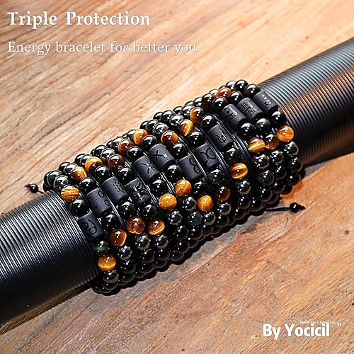 Miniatura 9 de Rainbow Black Obsidian Mens Bracelet, 10mm Natural Tigers Eye Hematite Bracelet,Zodiac Energy Healing Crystal Bracelet Bring Happiness and Luck