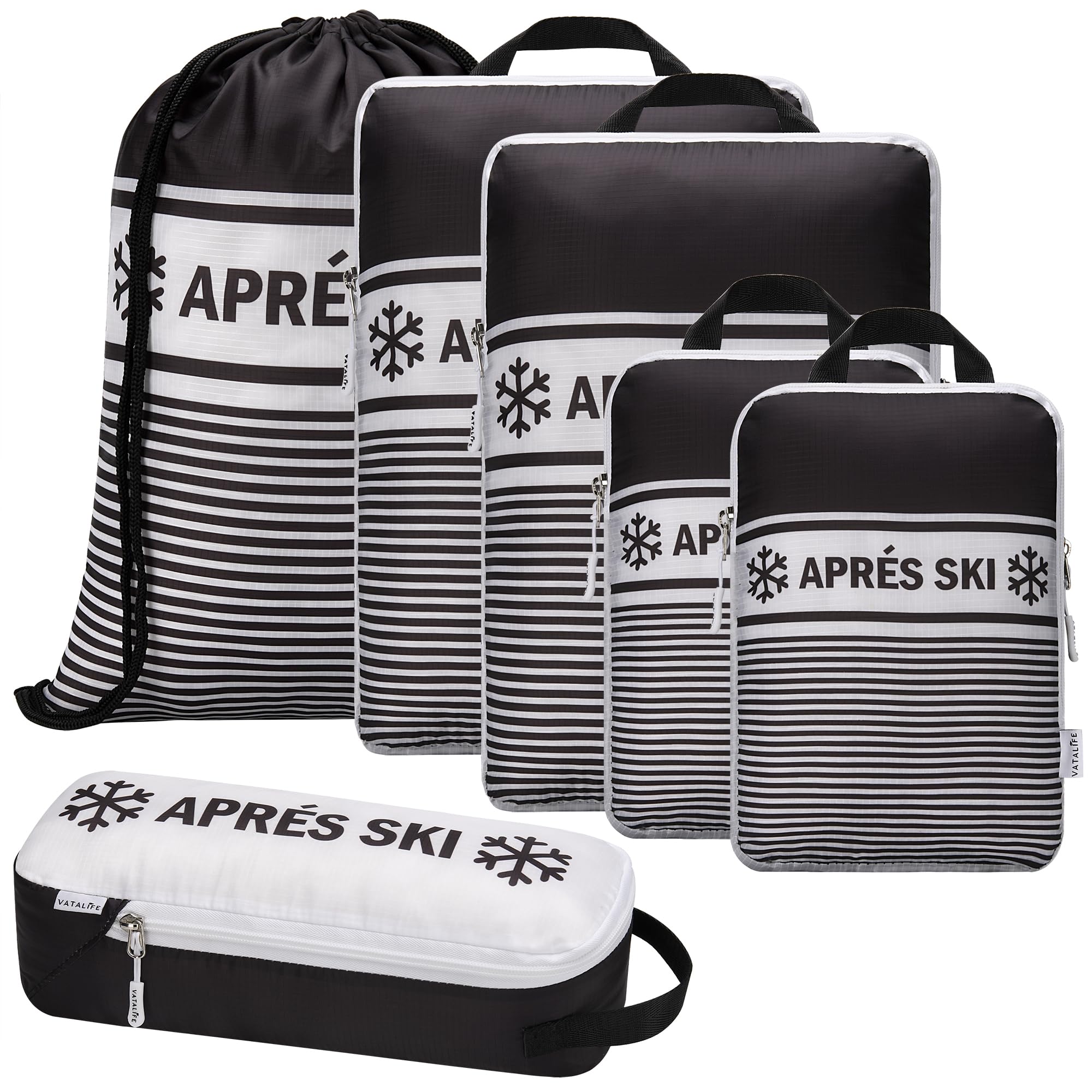 Apres Ski Compression Packing Cubes for Travel 6PC Set, Suitcase Organizer & Space Saver Bags for Luggage with Drawstring Backpack, Apres Ski Bags