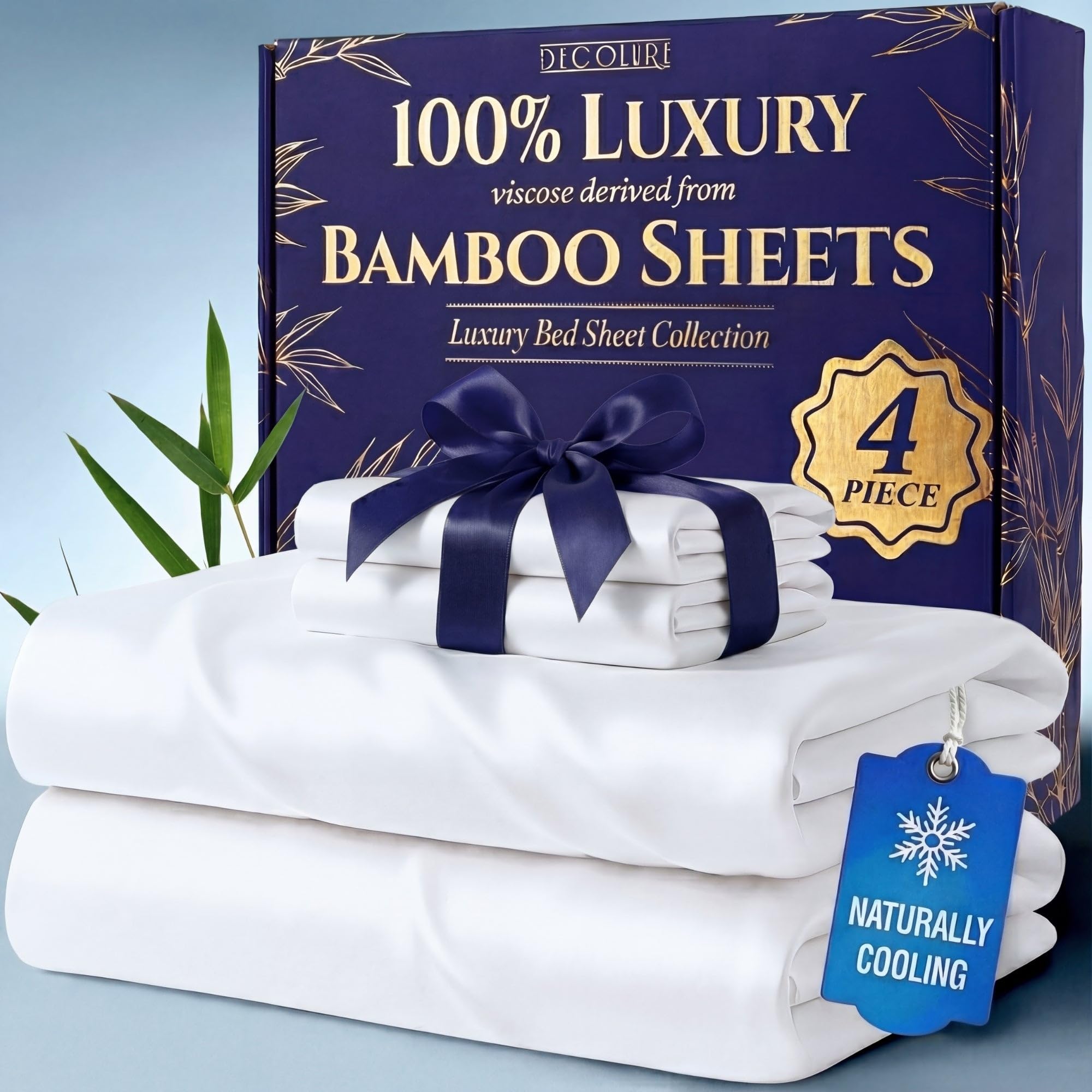 DECOLURE 100% Viscose Derived from Bamboo Sheets Queen Size - Luxury 4 Pc Naturally Cooling Sheets, Ultra Soft Bed Set - Deep 17" Pockets, Durable Double Stitching, Oeko Tex Standard (White)