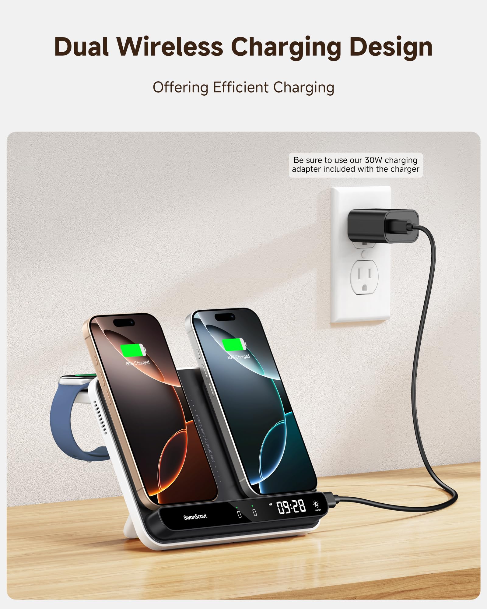 Caricatore Wireless Dual per iPhone, Doppio Caricabatterie per 2 Telefoni | Stazione di Ricarica per iPhone 17/Air/16/15, per Apple Watch 11/10/Ultra 3/SE 3/AirPods, Charger per 2 Phone, SwanScout 710A