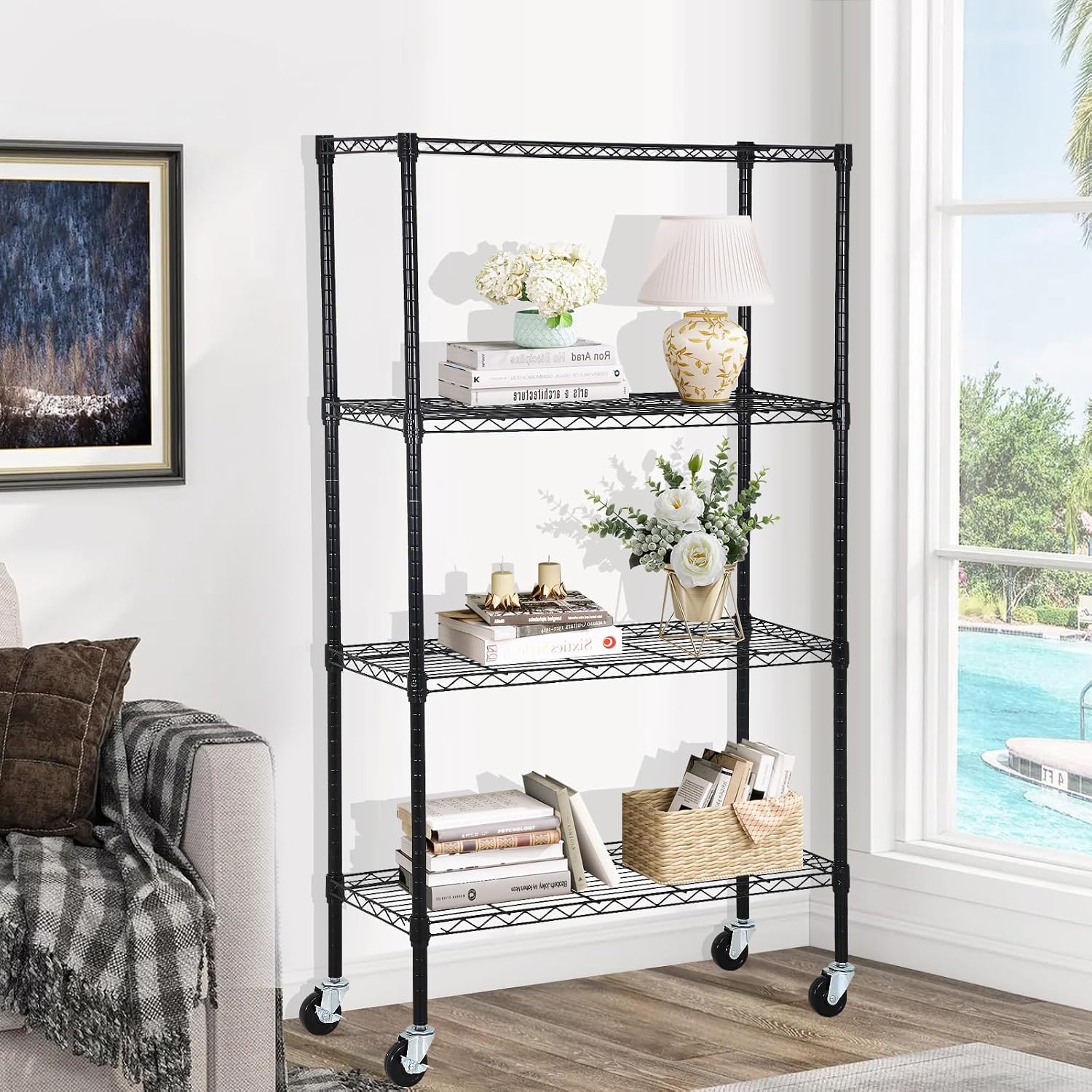 Storage Shelves with Wheels, Heavy Duty 4 Tier Garage Storage Rack, Adjustable Wire Shelving Unit, Metal Shelf Organizer for Pantry, Kitchen, Basement, 36" W x 14" D x 62" H, Black