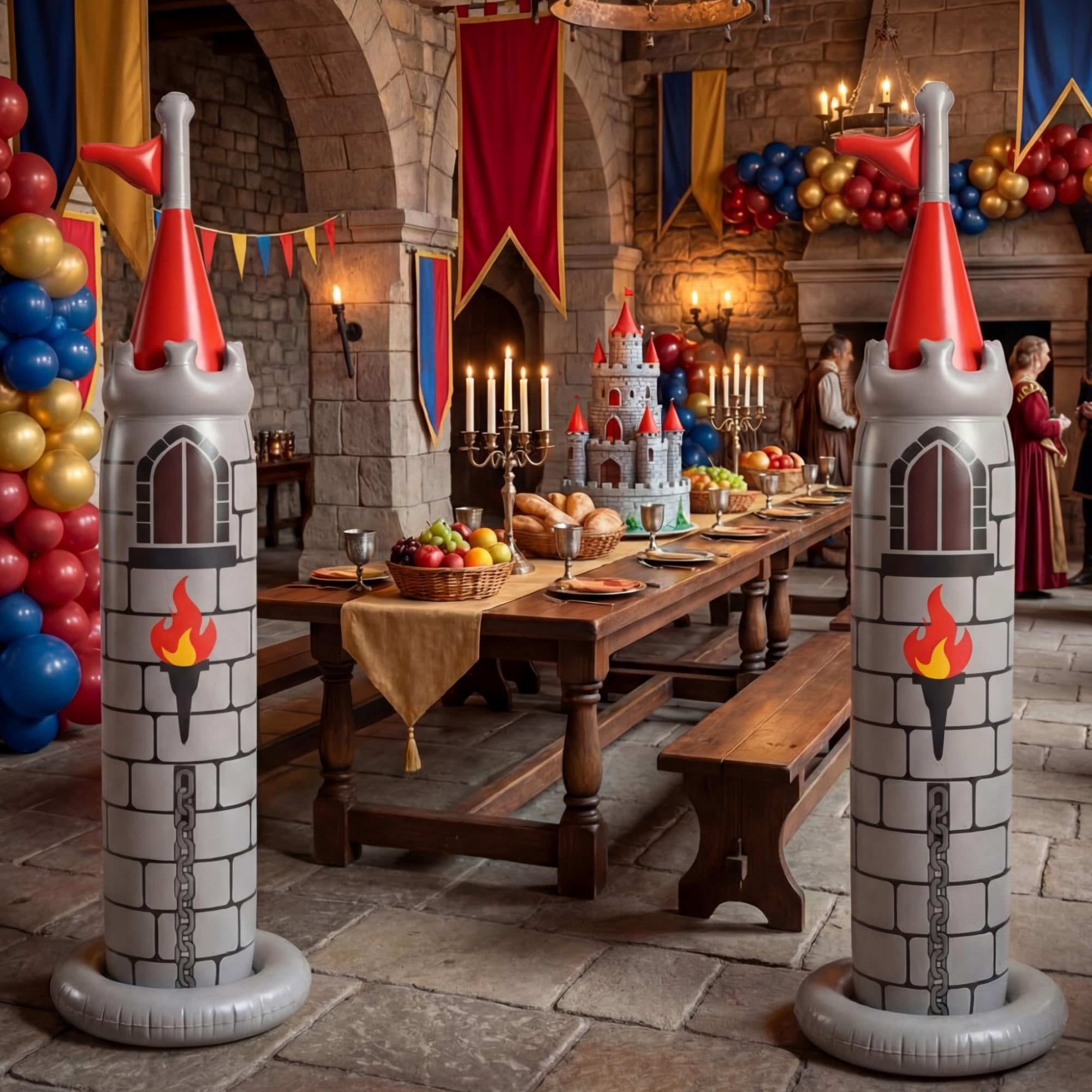 Skylety Lot de 2 décorations de fête d'anniversaire de 2 m, château gonflable pour jardin, intérieur et extérieur (gris, médiéval)