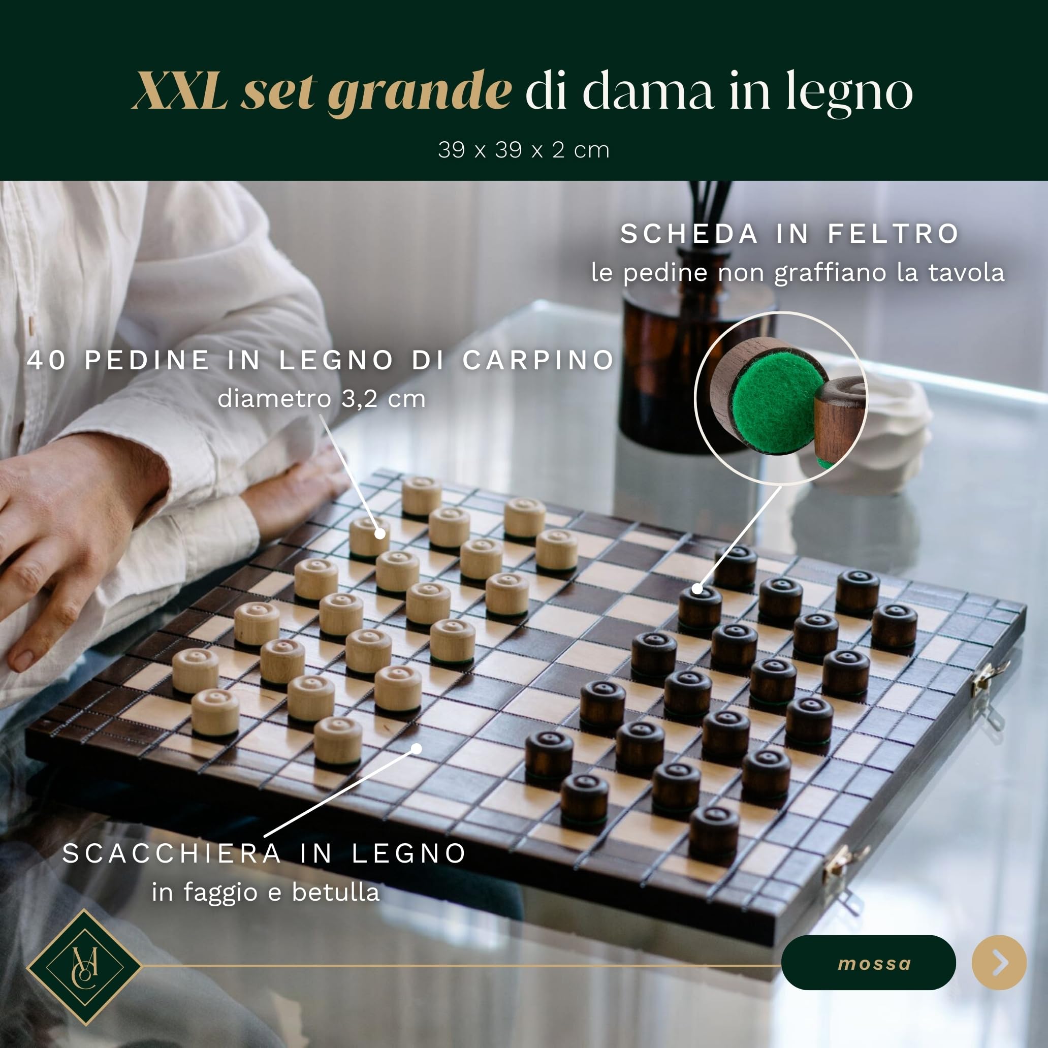 Master of Chess XXL 100 Fields CHECKERS 39cm / 16in Gioco di dama/dama in legno, gioco classico artigianale