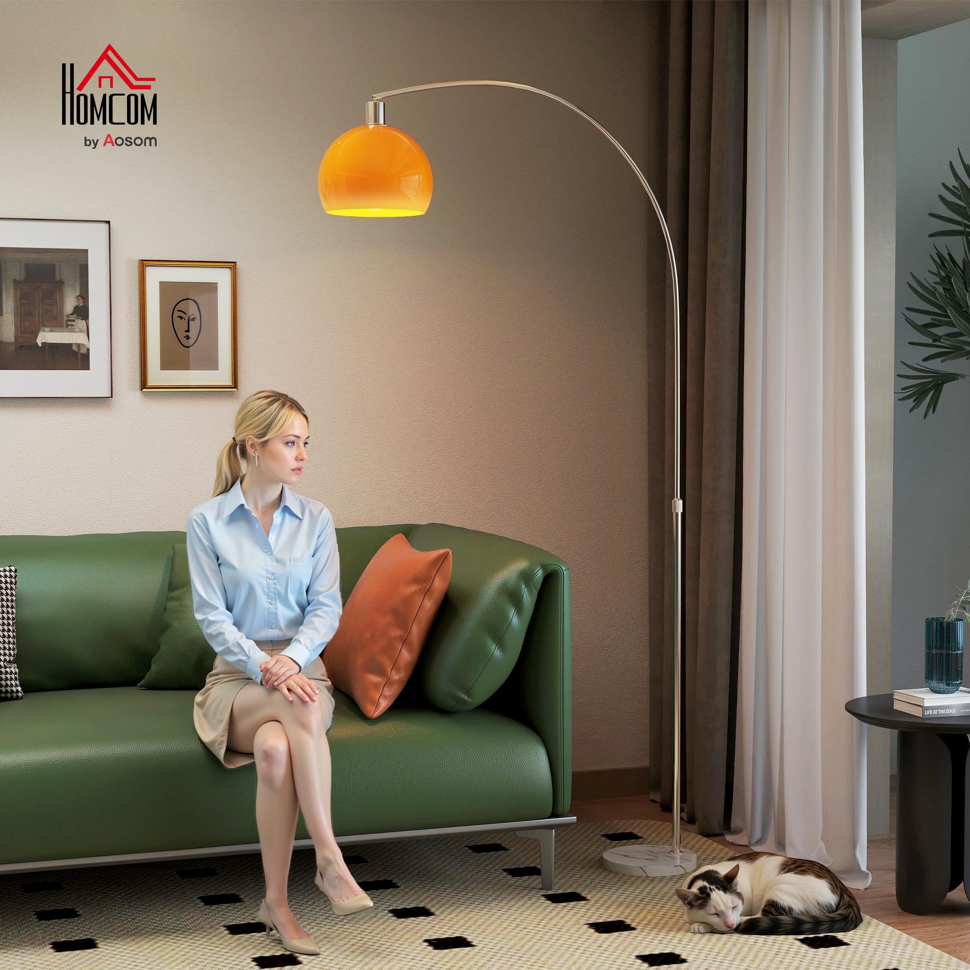 HOMCOM Lampada da Terra ad Arco Moderna 26x90x180 cm Bianco e Arancione | Interruttore a Pedale, Paralume Rotondo, Lampada da Terra Salotto, Marmo Metallo e Plastica