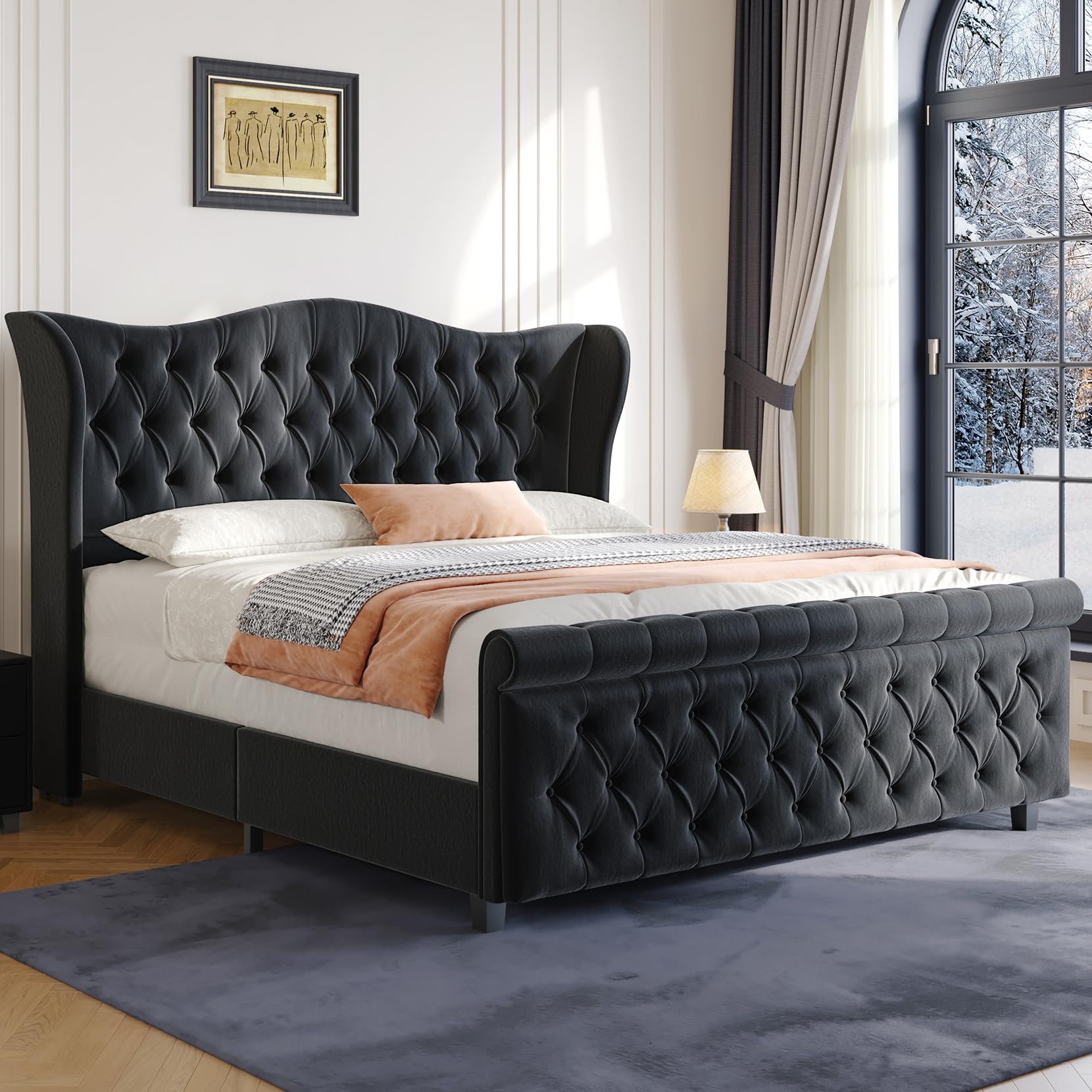 koorlian King Size Bed Frame-Velvet Upholstered Sleigh King Platform Bed Frame-51 inch Tall Headboard-Curved Tufted Bed-Plush Wingback Mid-Century