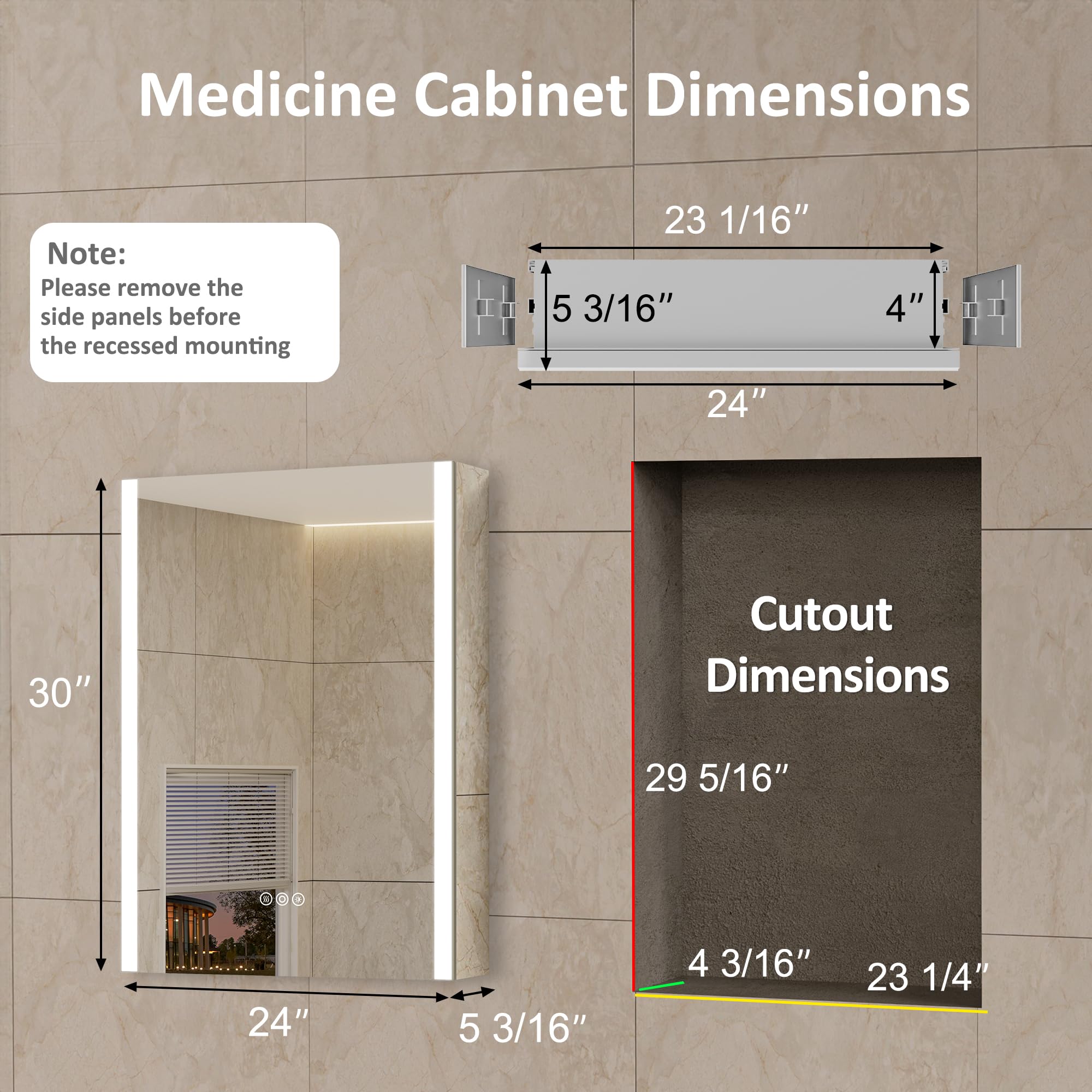 Armadietto per medicinali con luci a LED e specchio, 61 x 76 cm, da incasso o da incasso, con anta, antiappannamento, funzione memoria, modalità a 3 colori, uscita e USB, dimmerabile, ripiano