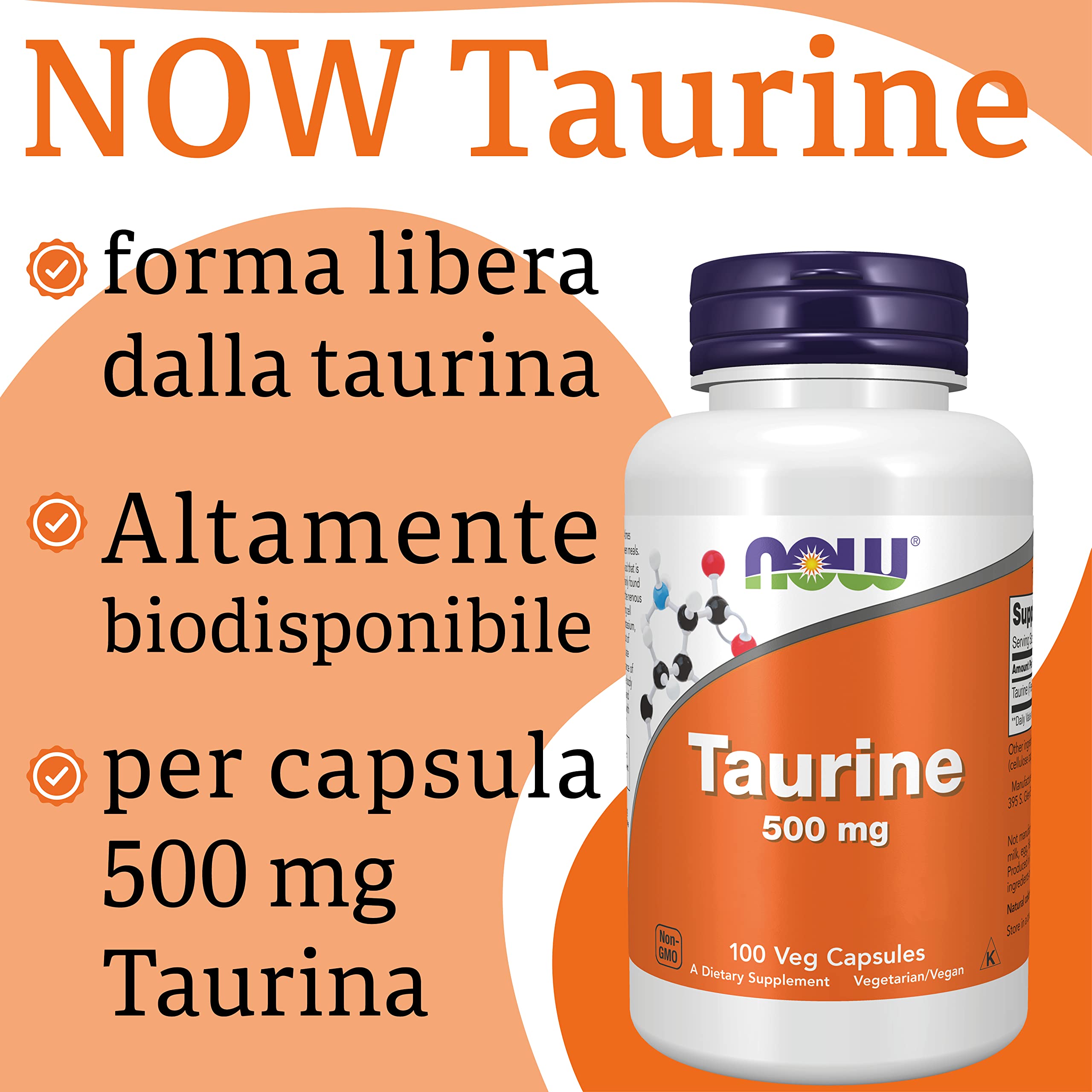 Now Foods, Taurina, 500 mg, 100 Capsule vegan, Testato in Laboratorio, Aminoacido, Senza Gutine, Senza Soia, Vegetariano