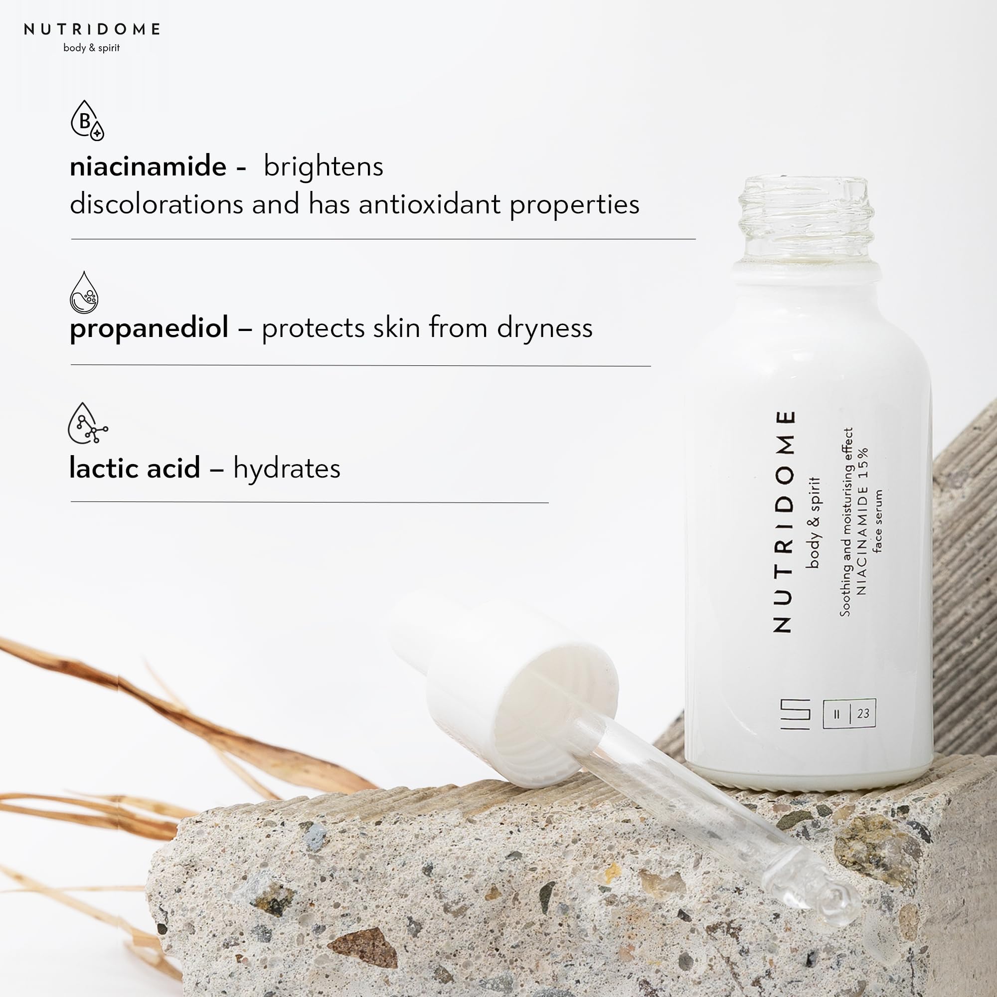 Nutridome Body & Spirit Face Serum, 15% Niacinamide & Vitamin B, 30ml, Moisturizing, Anti-Impurity, Skin Tone Balancing - Image 4