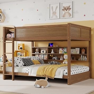 Queen Over Queen Bunk Bed with Storage Cabinets & Charging Station, Solid Pine Wood, Built-in Ladder & Guardrails, for Teens, Kids, Guest Room, Space Saving Double Bed, Wheat Color