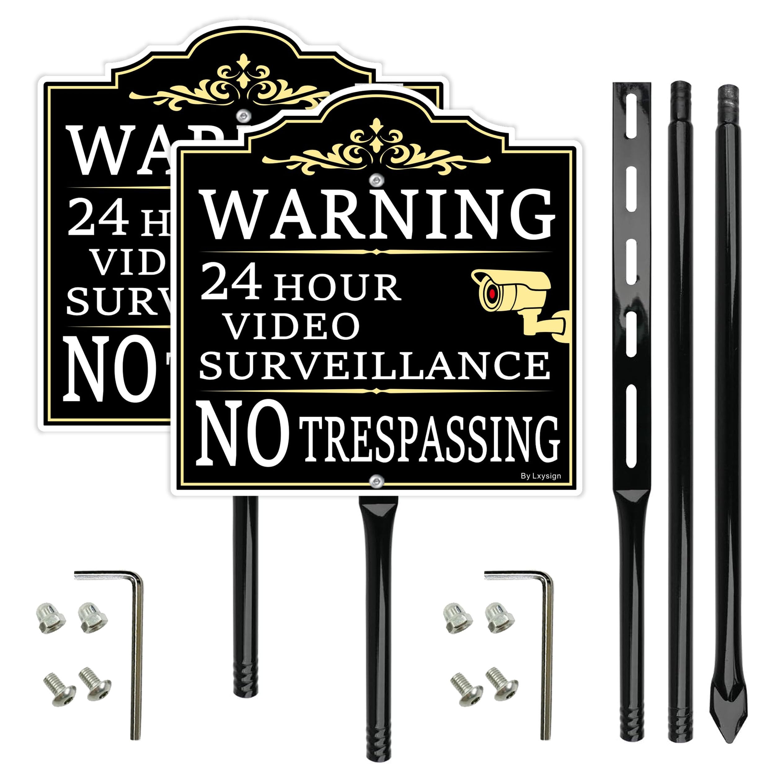 Señal de advertencia de videovigilancia sin traspasar, color negro y dorado, aluminio de 12 x 12 pulgadas, paquete de 2 con estacas de metal de 54 pulgadas de alto, señales de seguridad CCTV