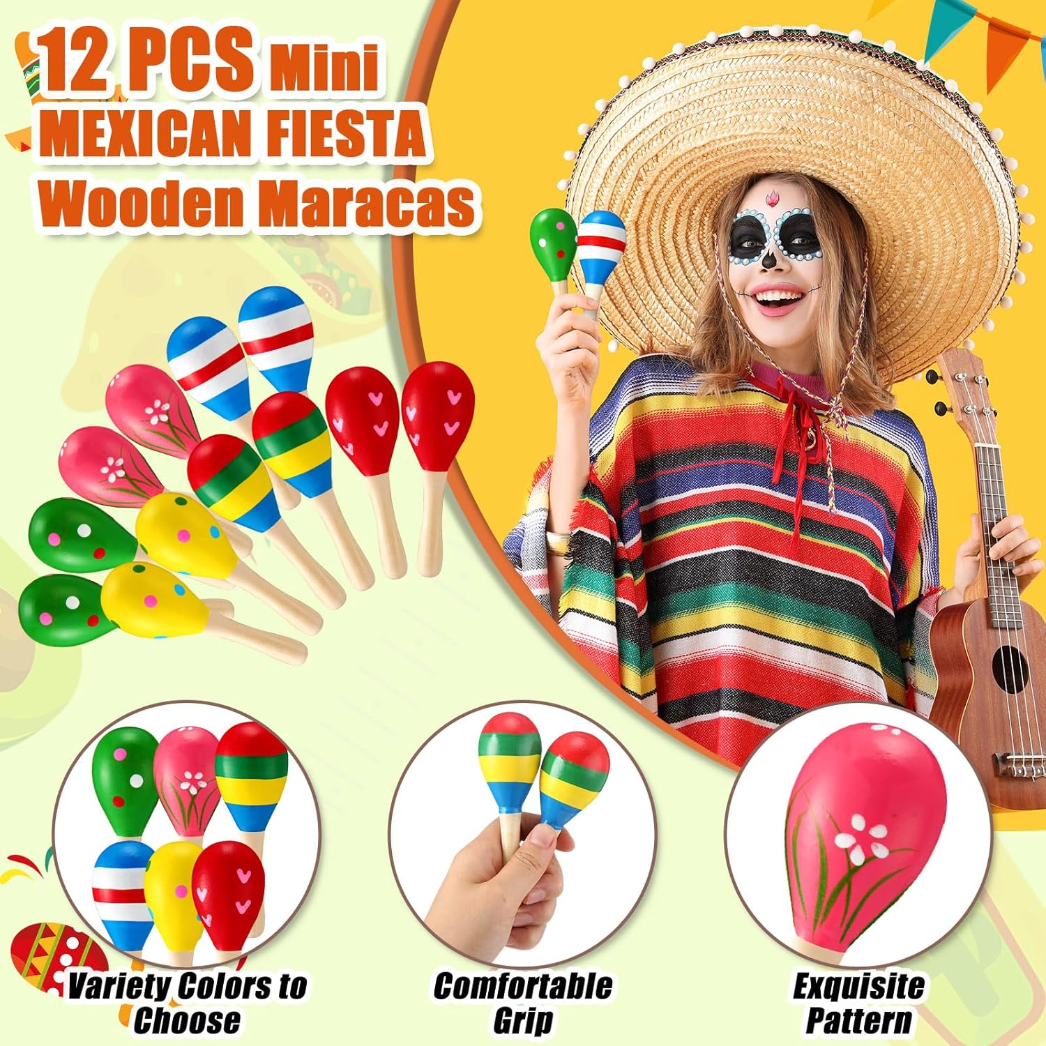 48 Pcs Mexican Fiesta Party Favors Set 12 Cinco De Mayo Sombrero Hats 12 Maracas Necklaces Bracelets for Birthday