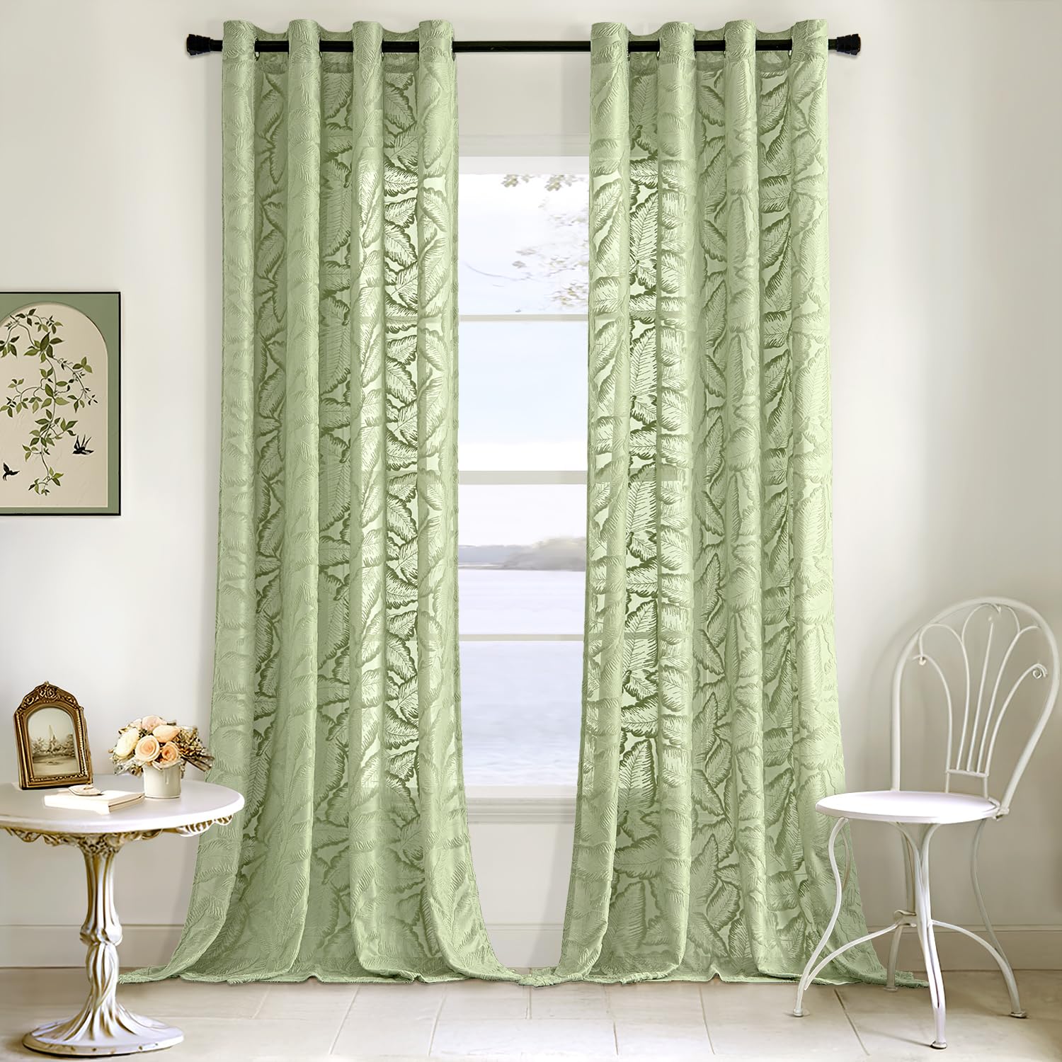 MIULEE Gardinen Voile Vorhang Vorhänge mit Blattmustern halbtransparent mit Ösen Curtains Schals für Wohnzimmer Schlafzimmer Kinderzimmer 2er Set 260×140cm (H×B) Grün